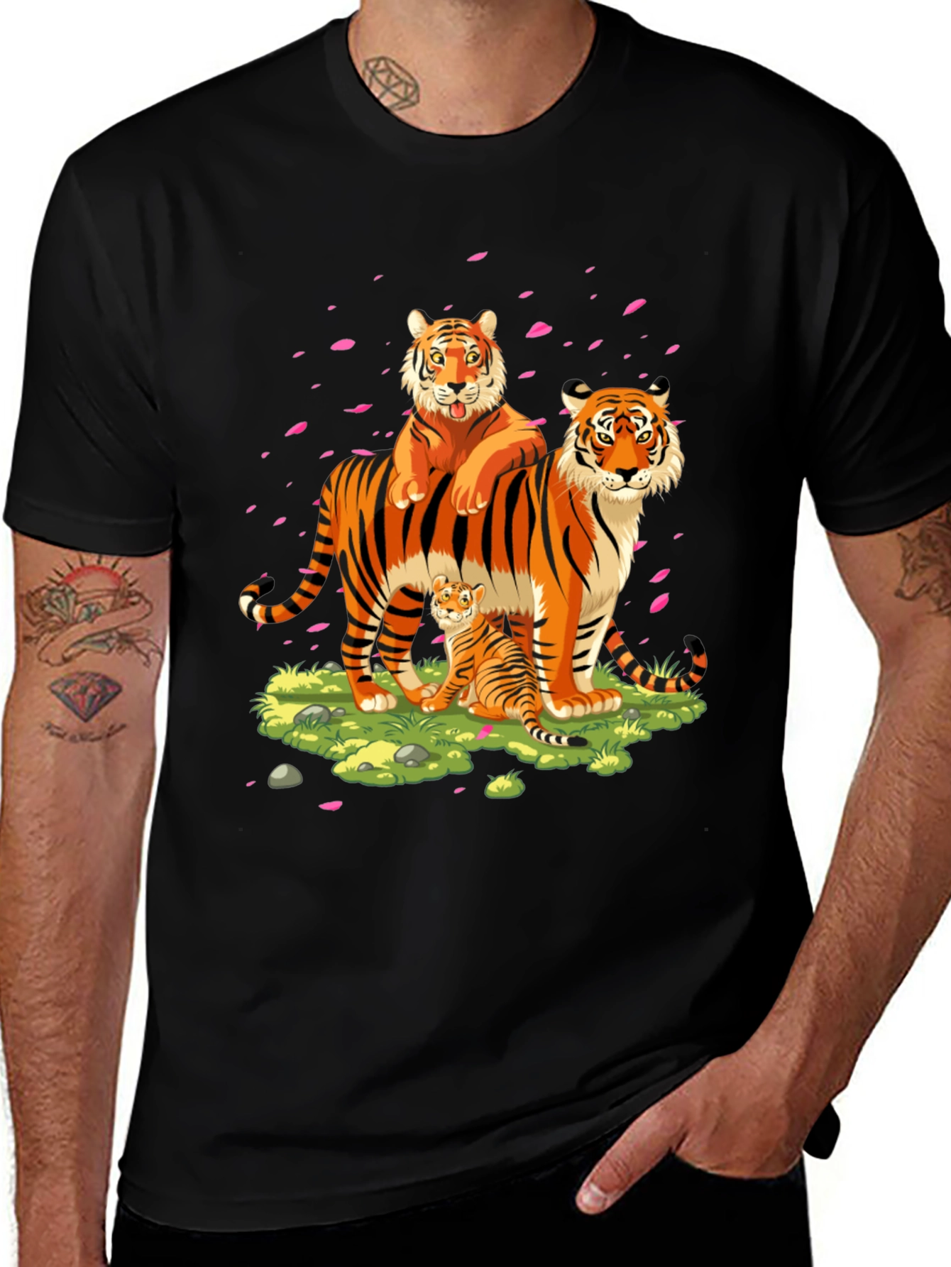 Tiger Family Graphic Print Black T-Shirt