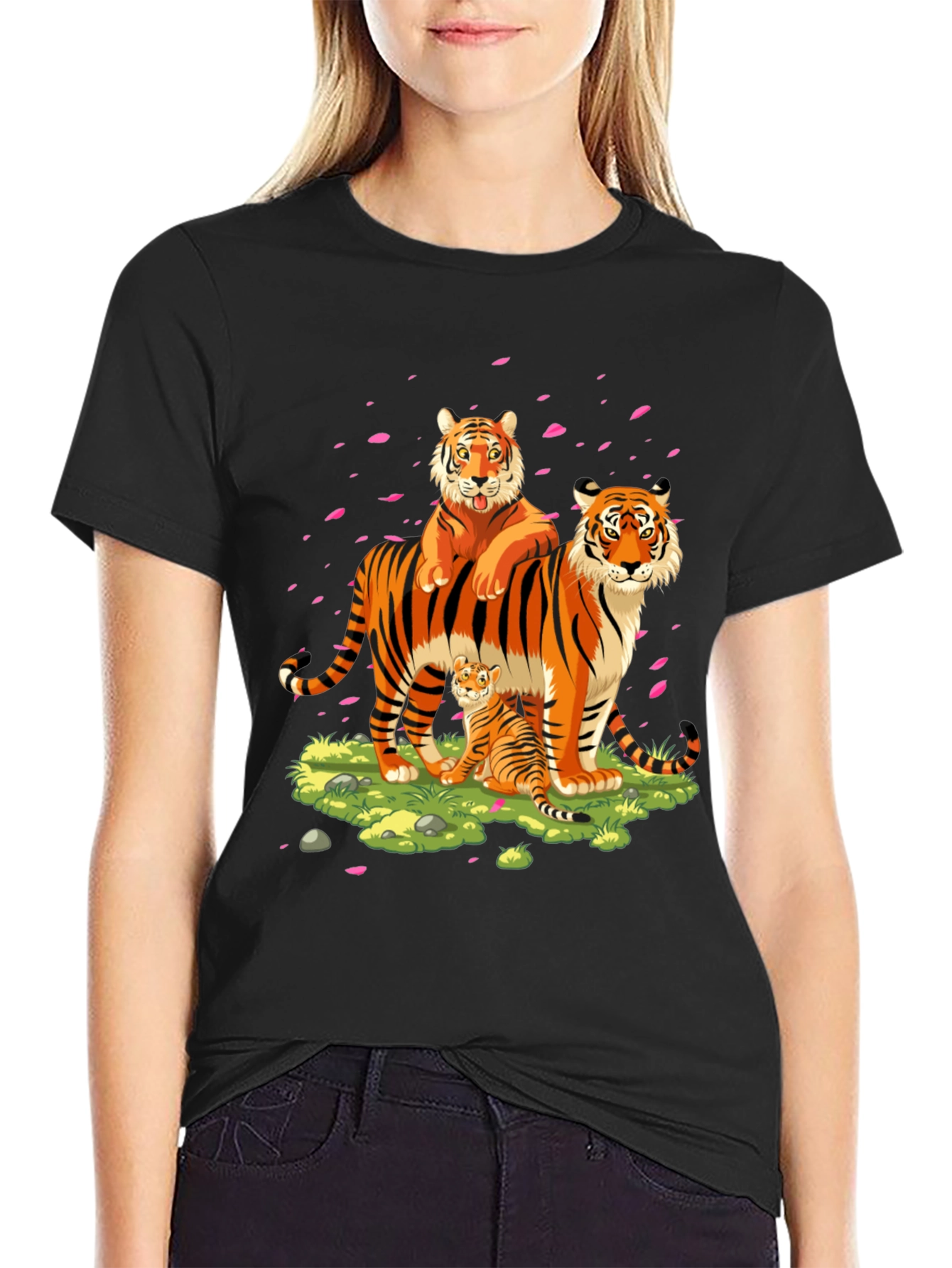 Tiger Family Graphic Print Black T-Shirt