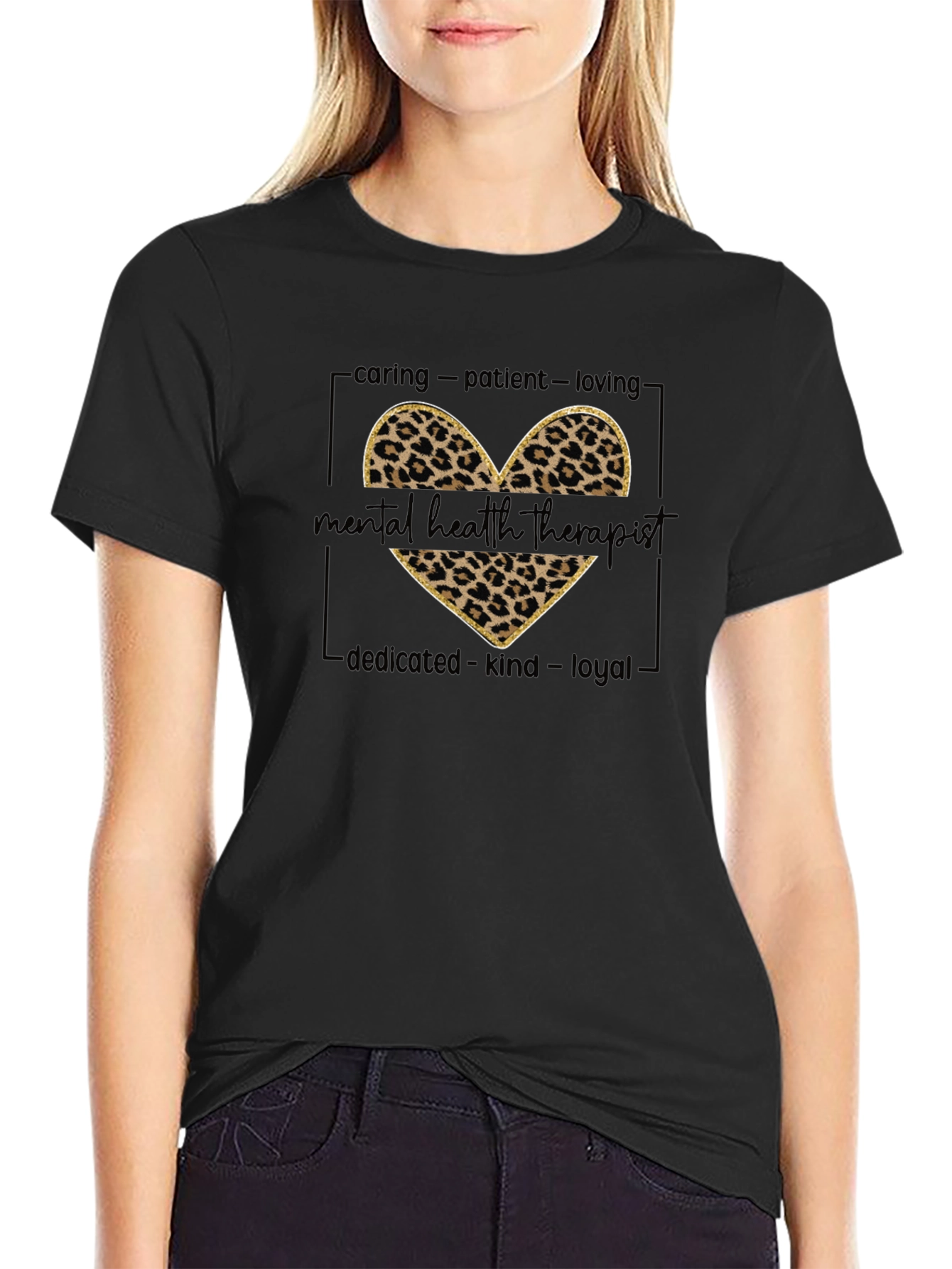 Mental Health Therapist Leopard Print Heart T-Shirt