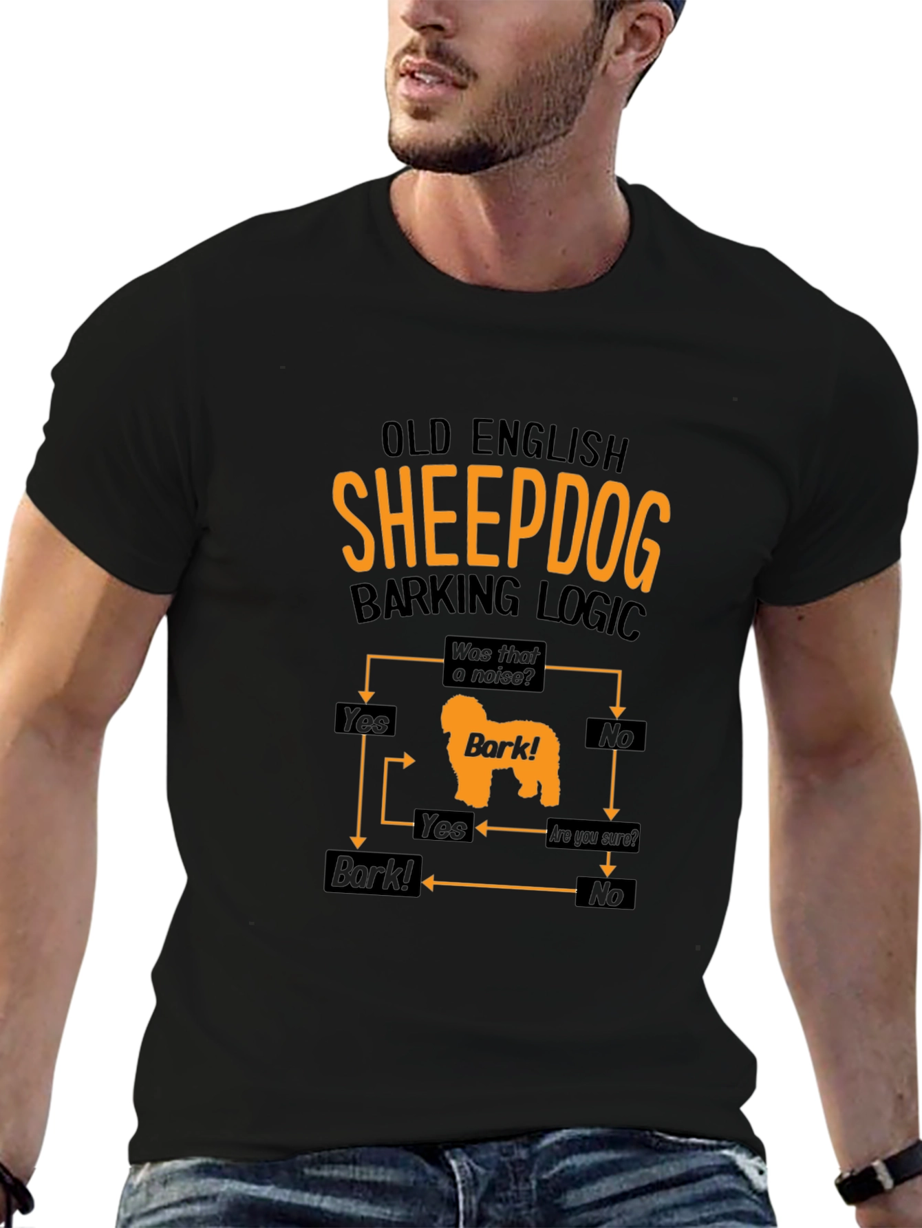 Old English Sheepdog Barking Logic Mens Black T-Shirt
