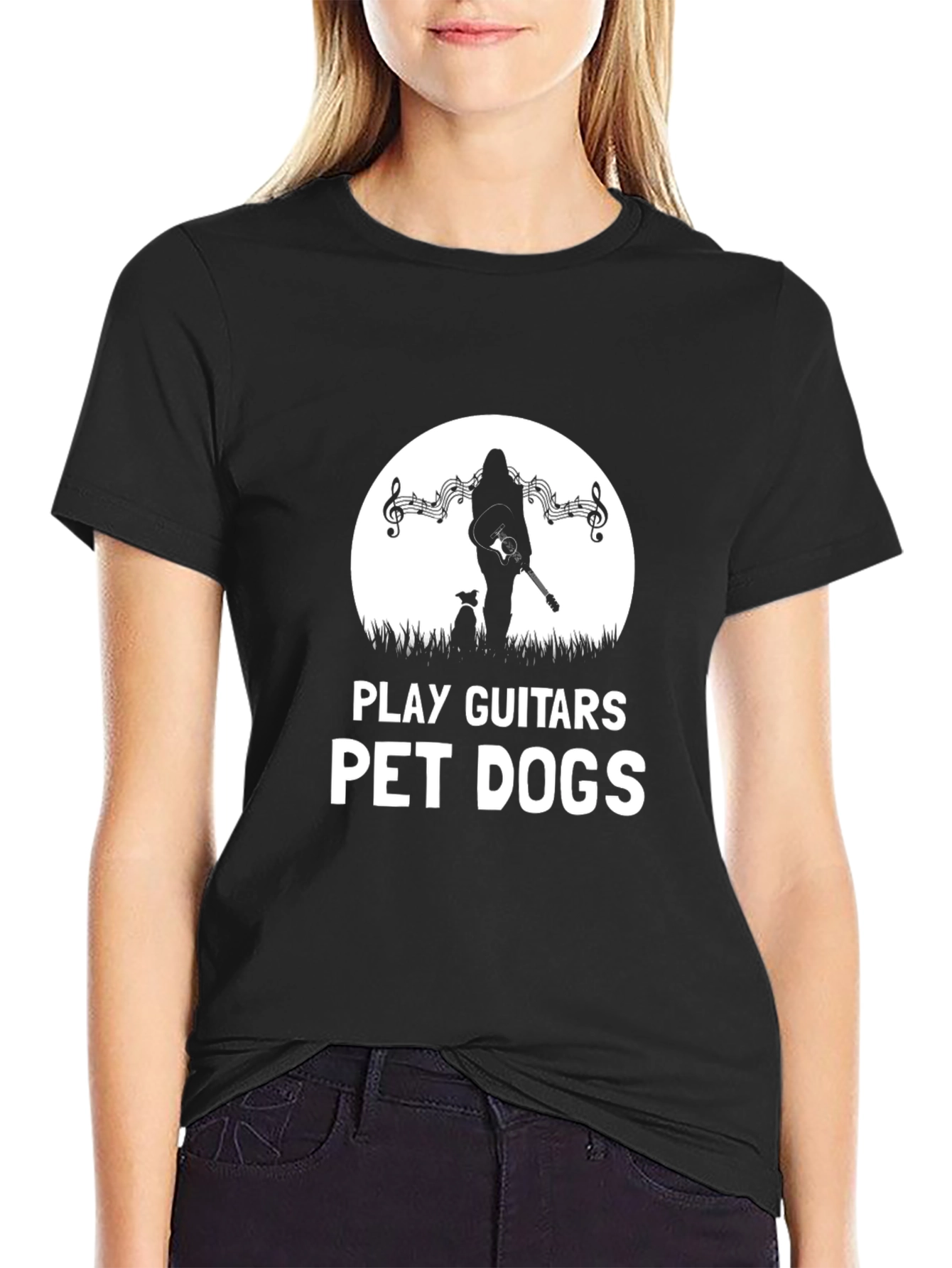 Play Guitars Pet Dogs Black Graphic T-Shirt