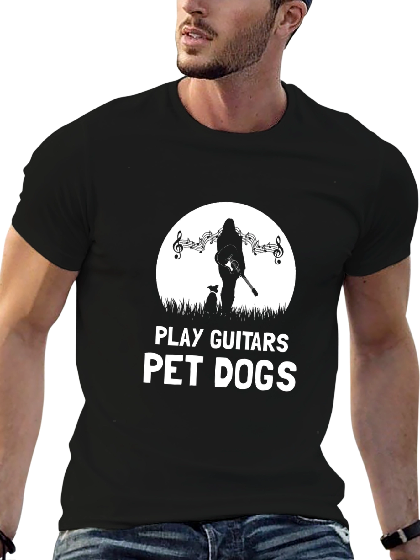 Play Guitars Pet Dogs Black Graphic T-Shirt