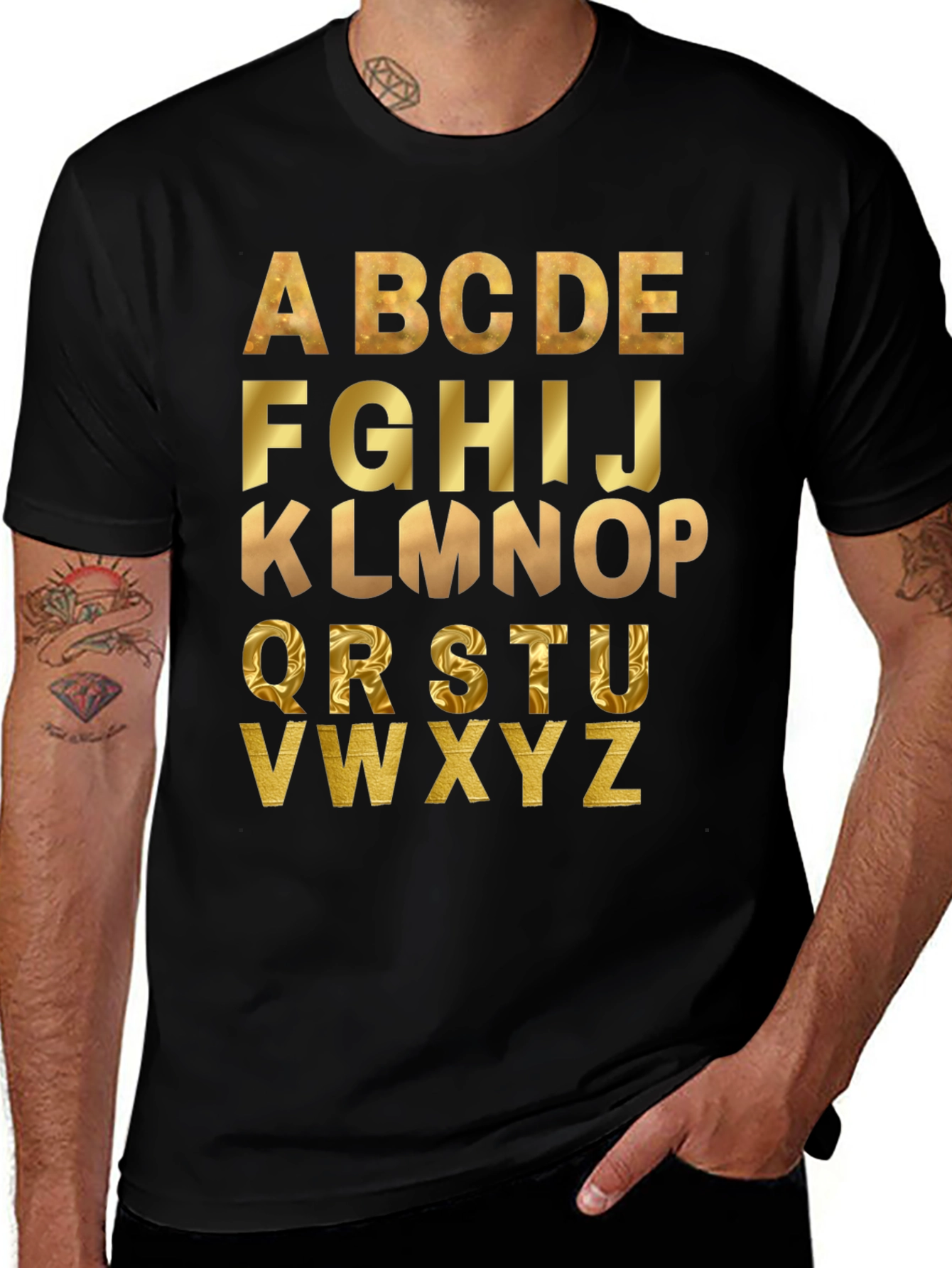 Alphabet Gold Print Black T-Shirt
