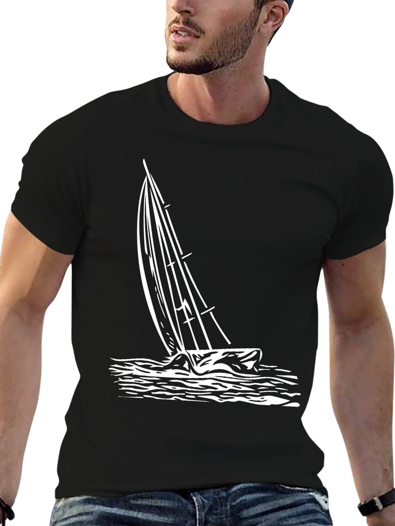 Mens Black Sailboat Graphic T-Shirt