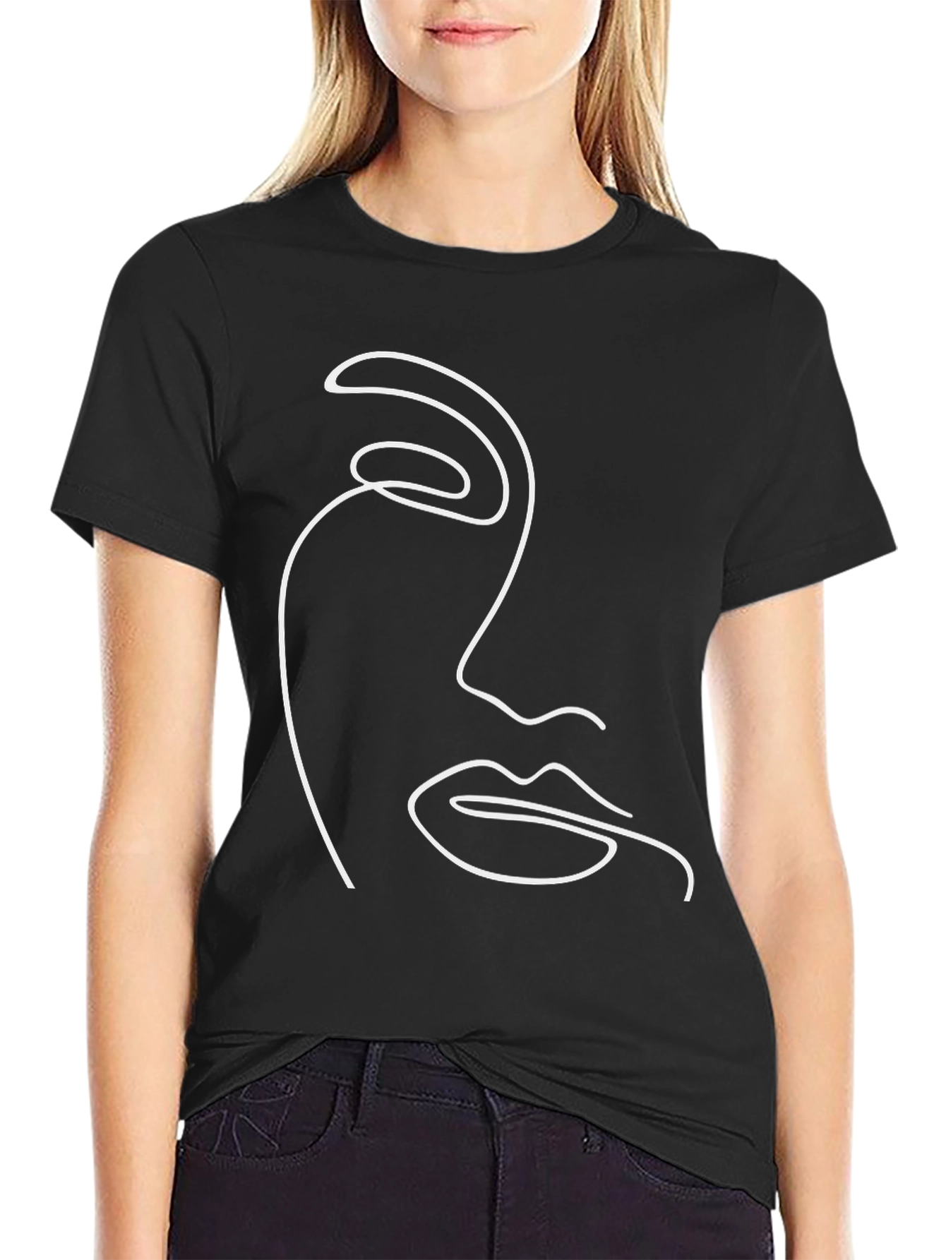 Minimalist Face Line Art T-Shirt - Black