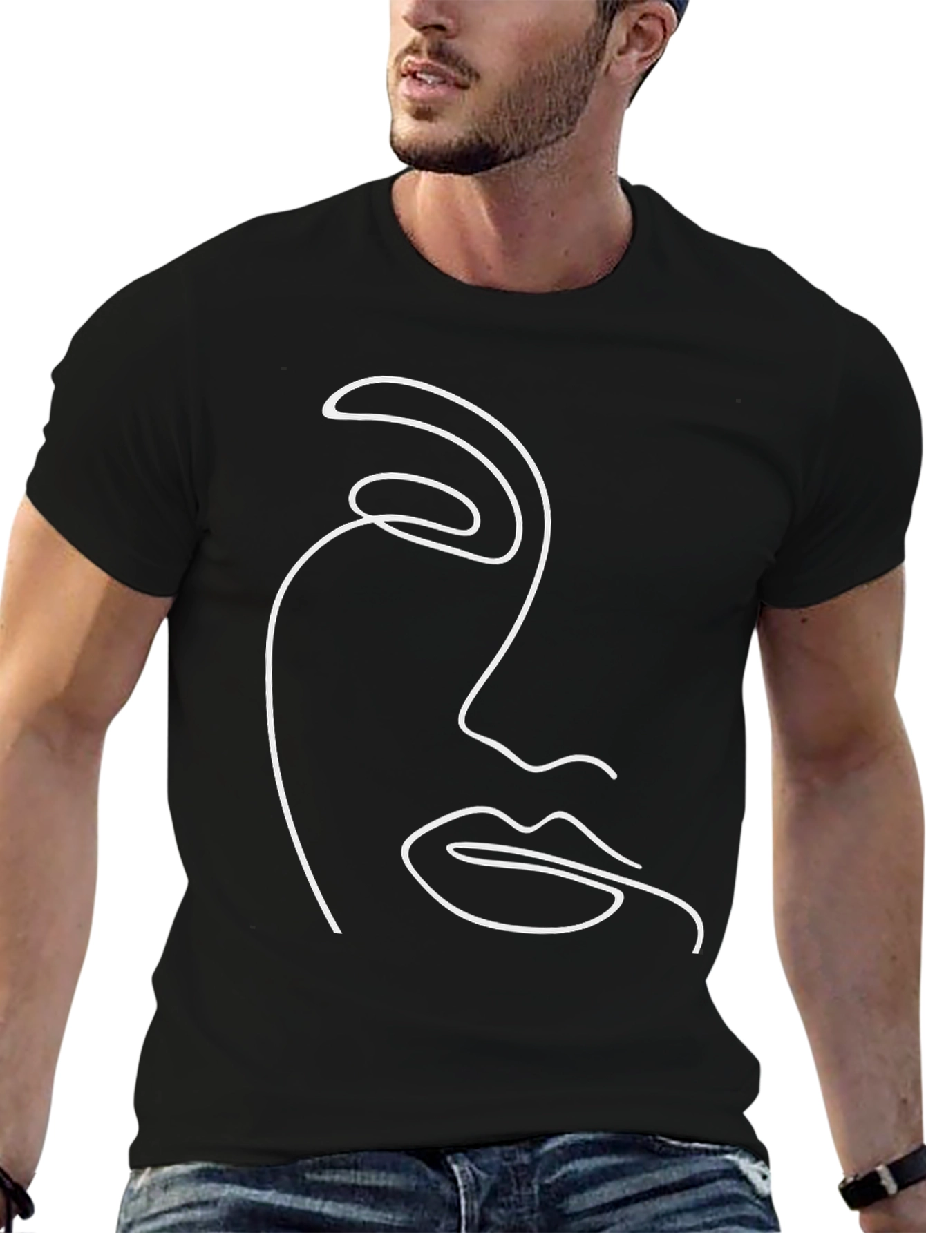 Minimalist Face Line Art T-Shirt - Black
