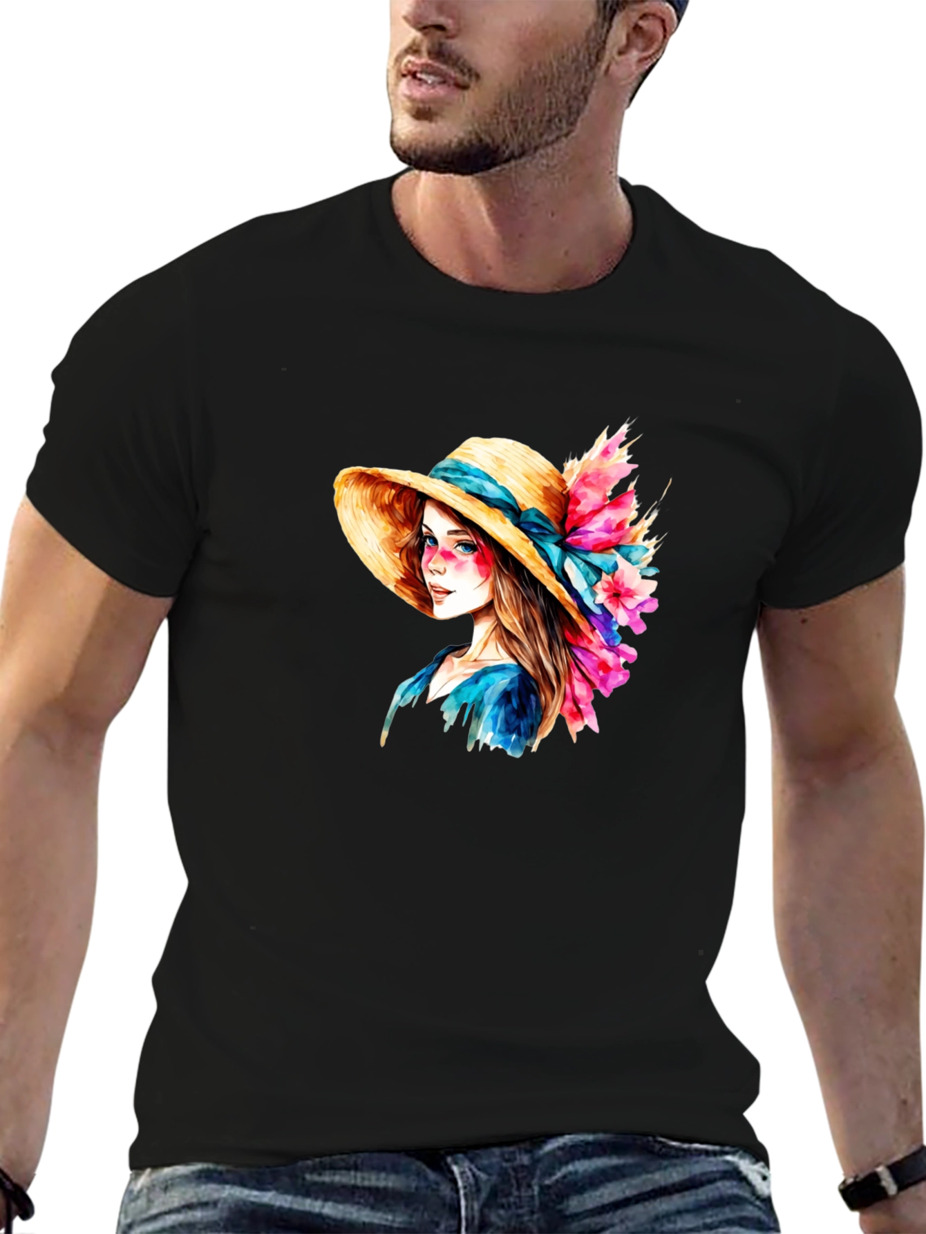 Floral Hat Lady Graphic Tee - Artistic Design
