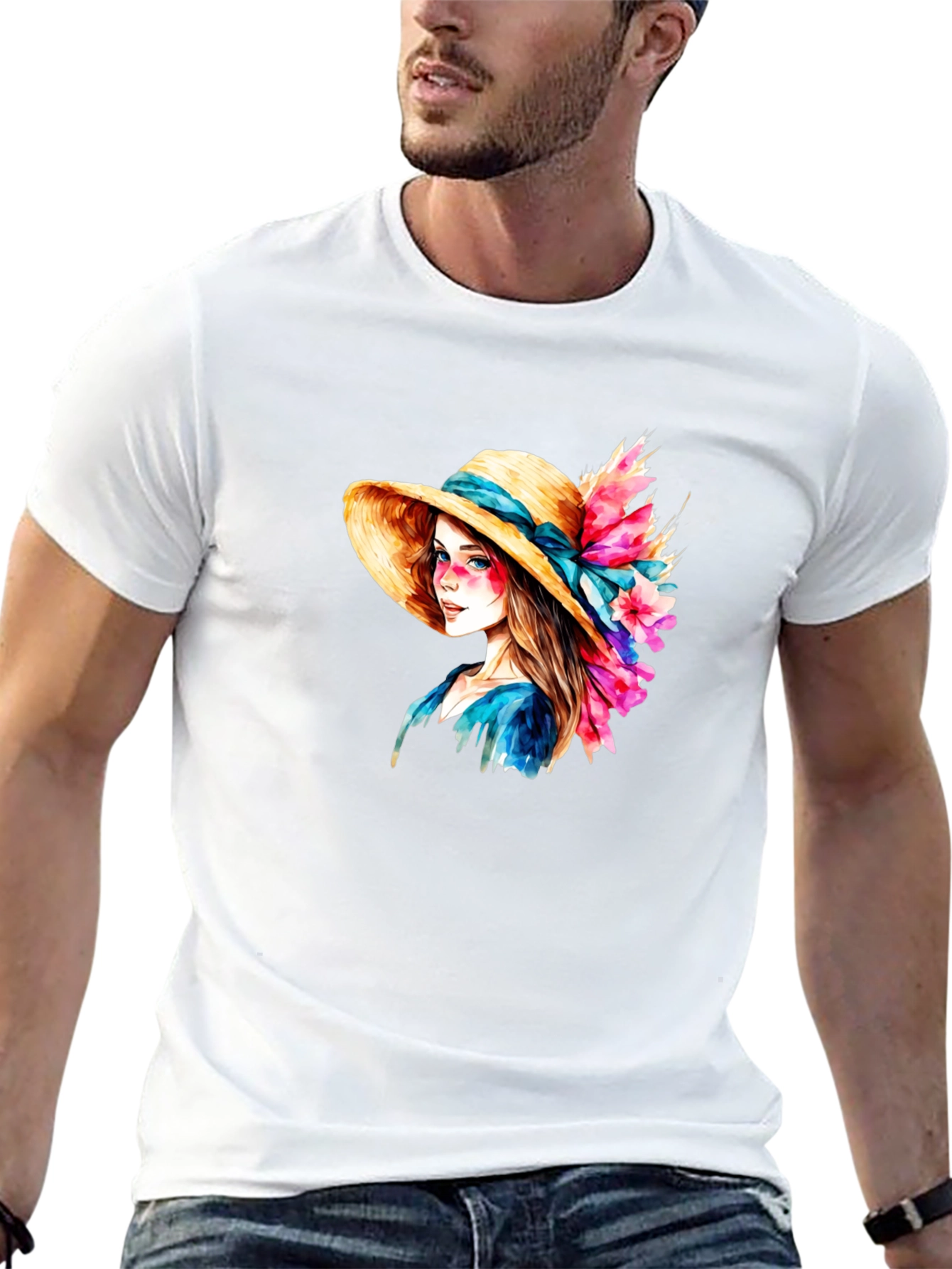Floral Hat Lady Graphic Tee - Artistic Design