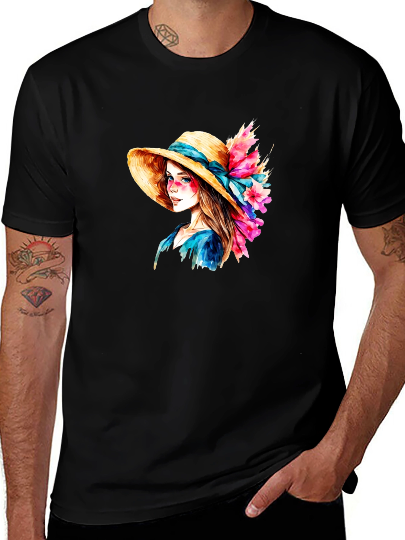 Floral Hat Lady Graphic Tee - Artistic Design