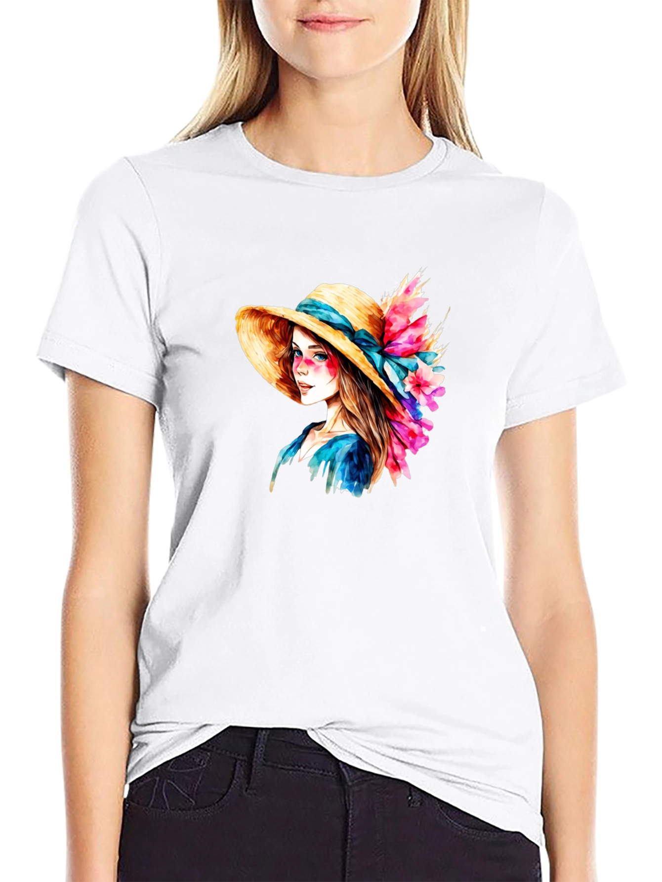 Floral Hat Lady Graphic Tee - Artistic Design