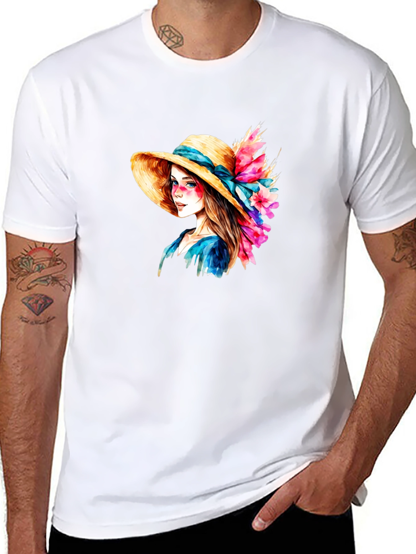 Floral Hat Lady Graphic Tee - Artistic Design