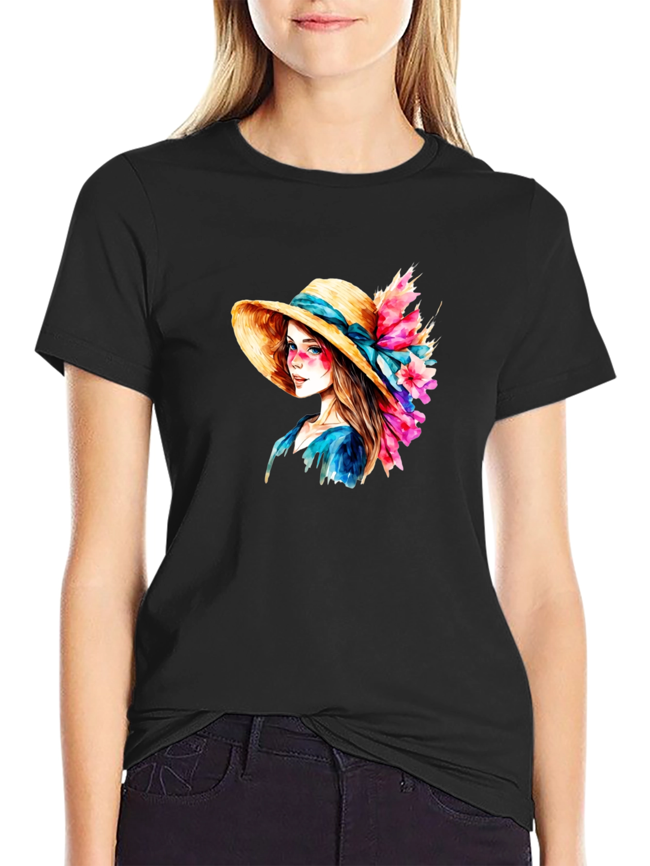 Floral Hat Lady Graphic Tee - Artistic Design