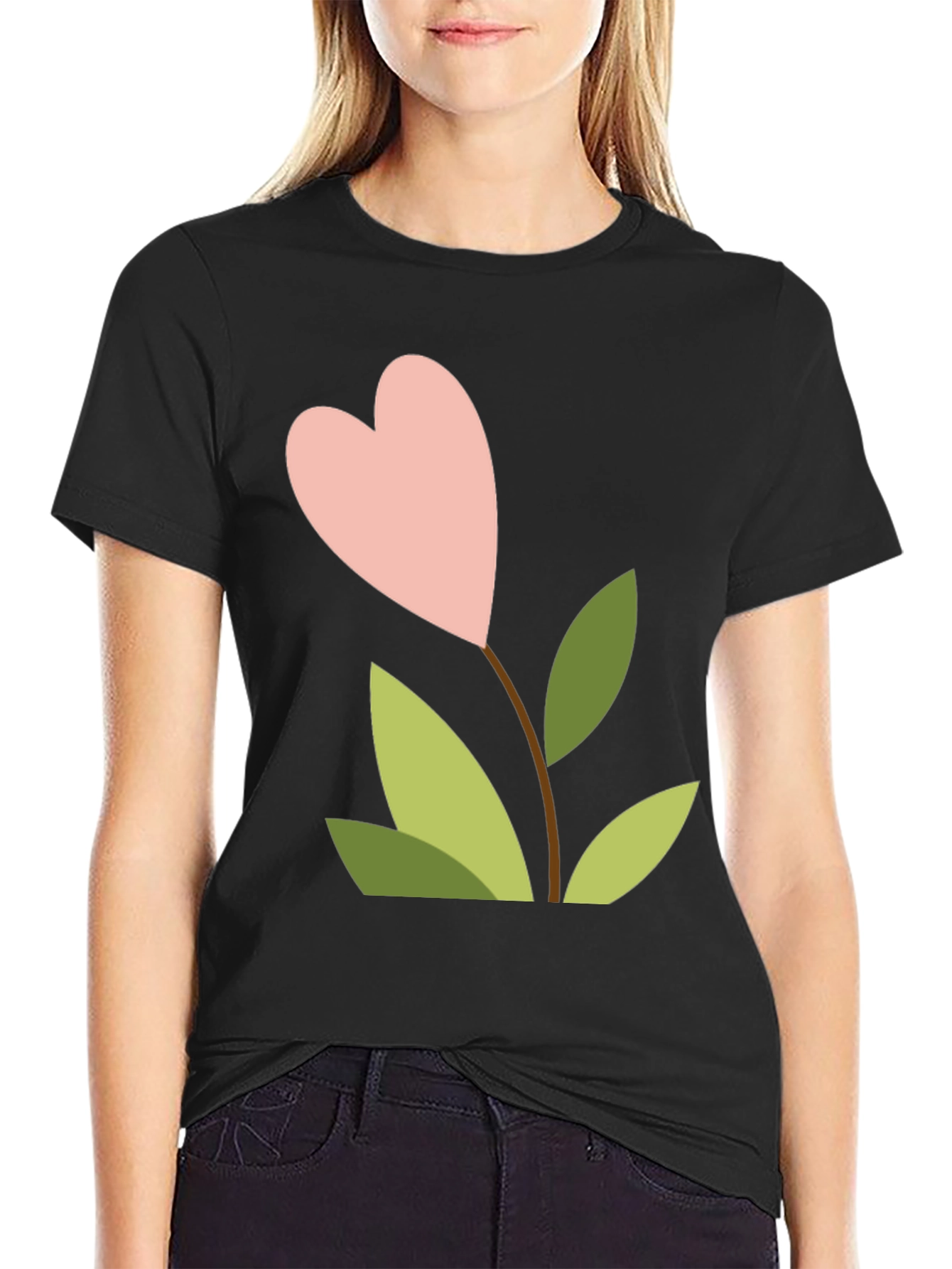 Heart Flower Graphic Tee - Black Cotton Shirt