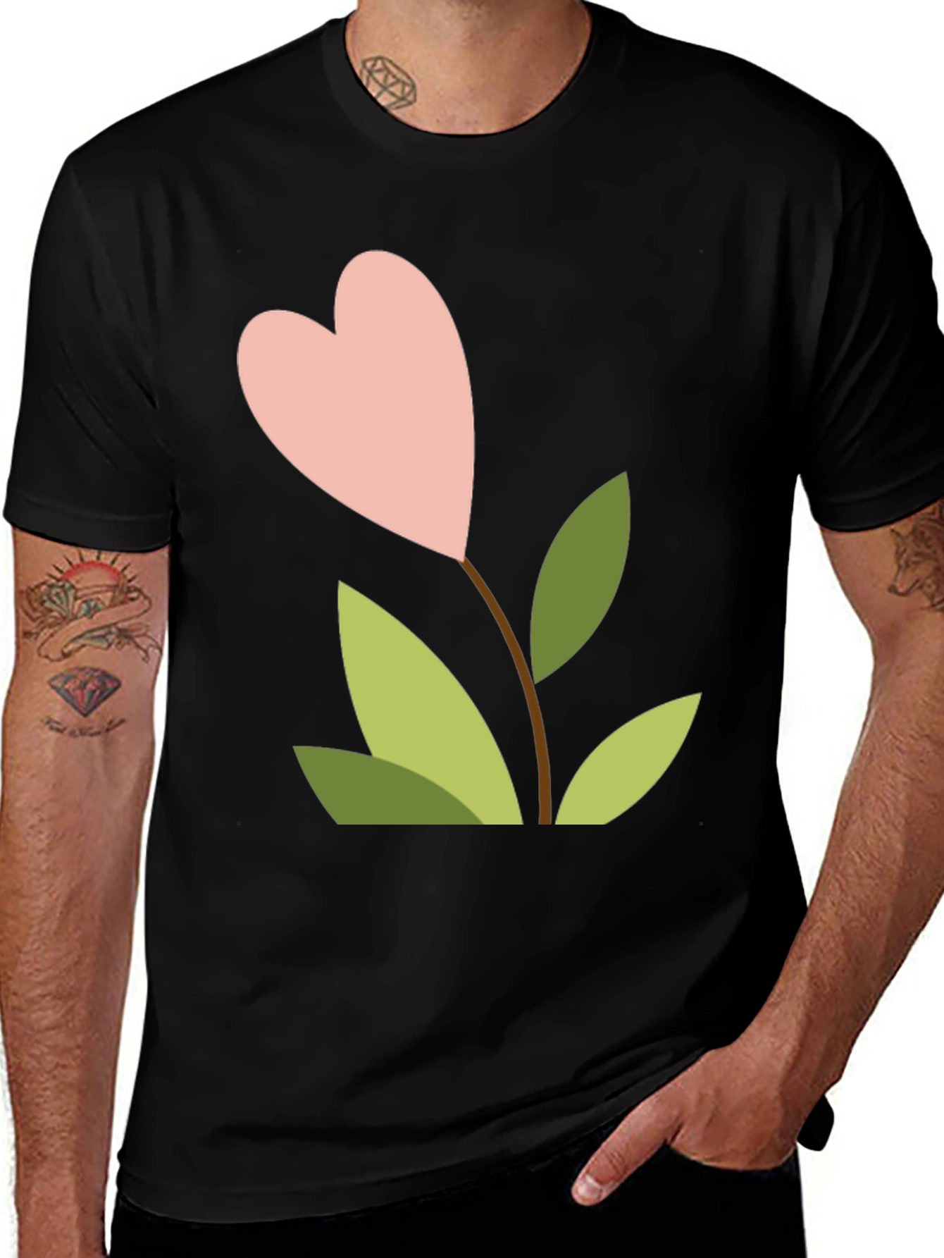 Heart Flower Graphic Tee - Black Cotton Shirt