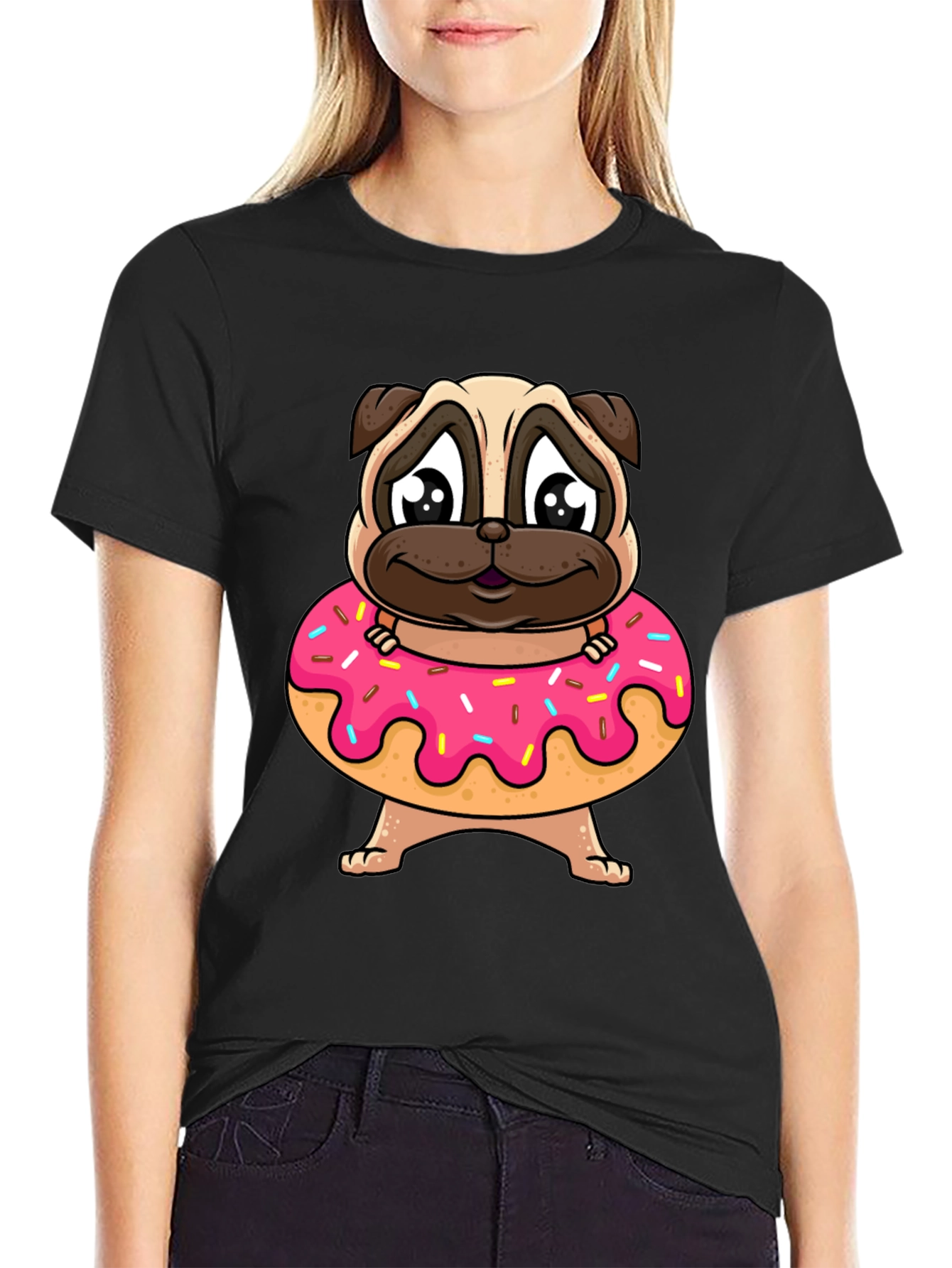 Pug Donut Graphic T-Shirt - Cute Cartoon Style