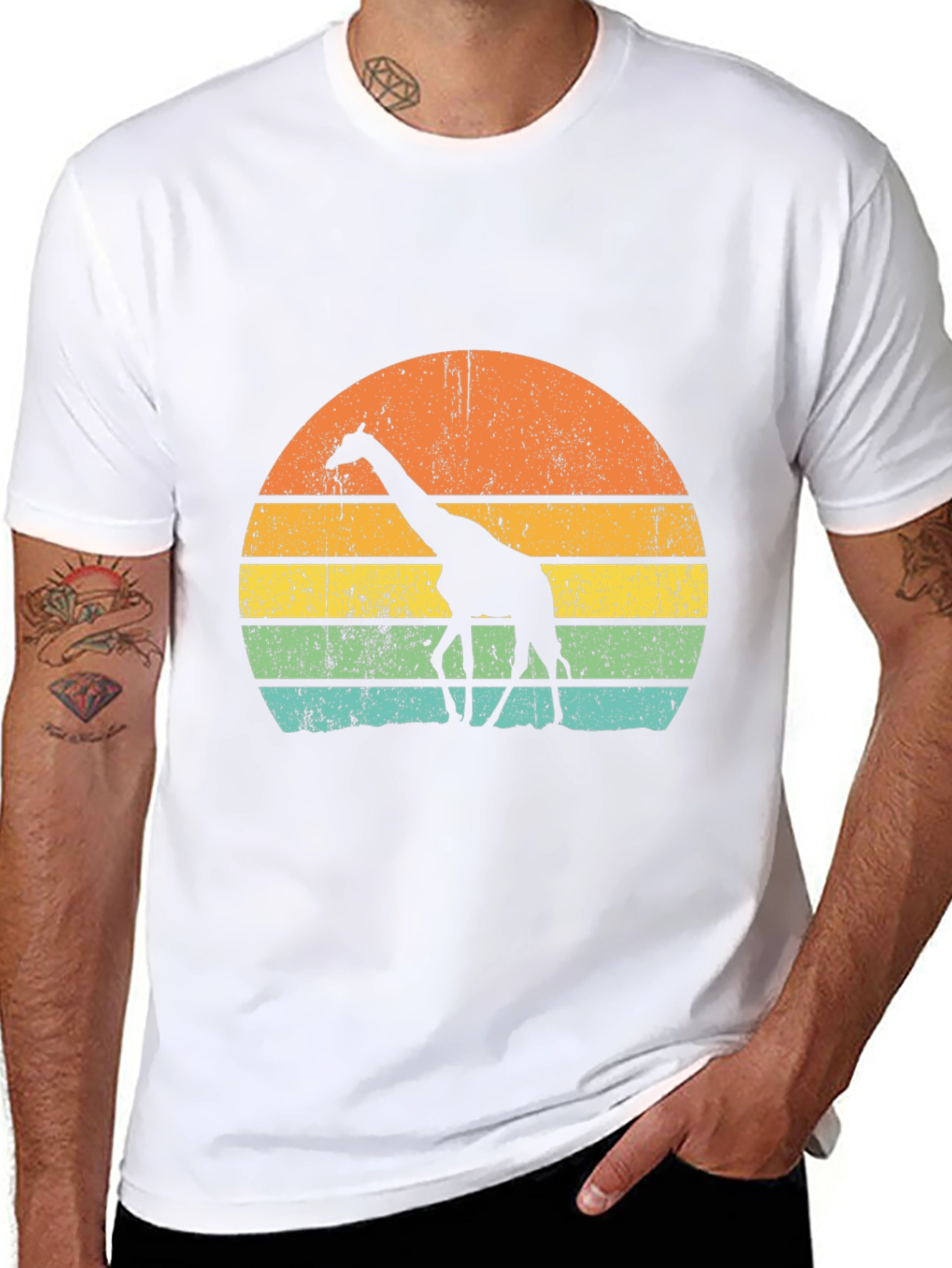 Retro Giraffe Sunset Graphic Tee - Black