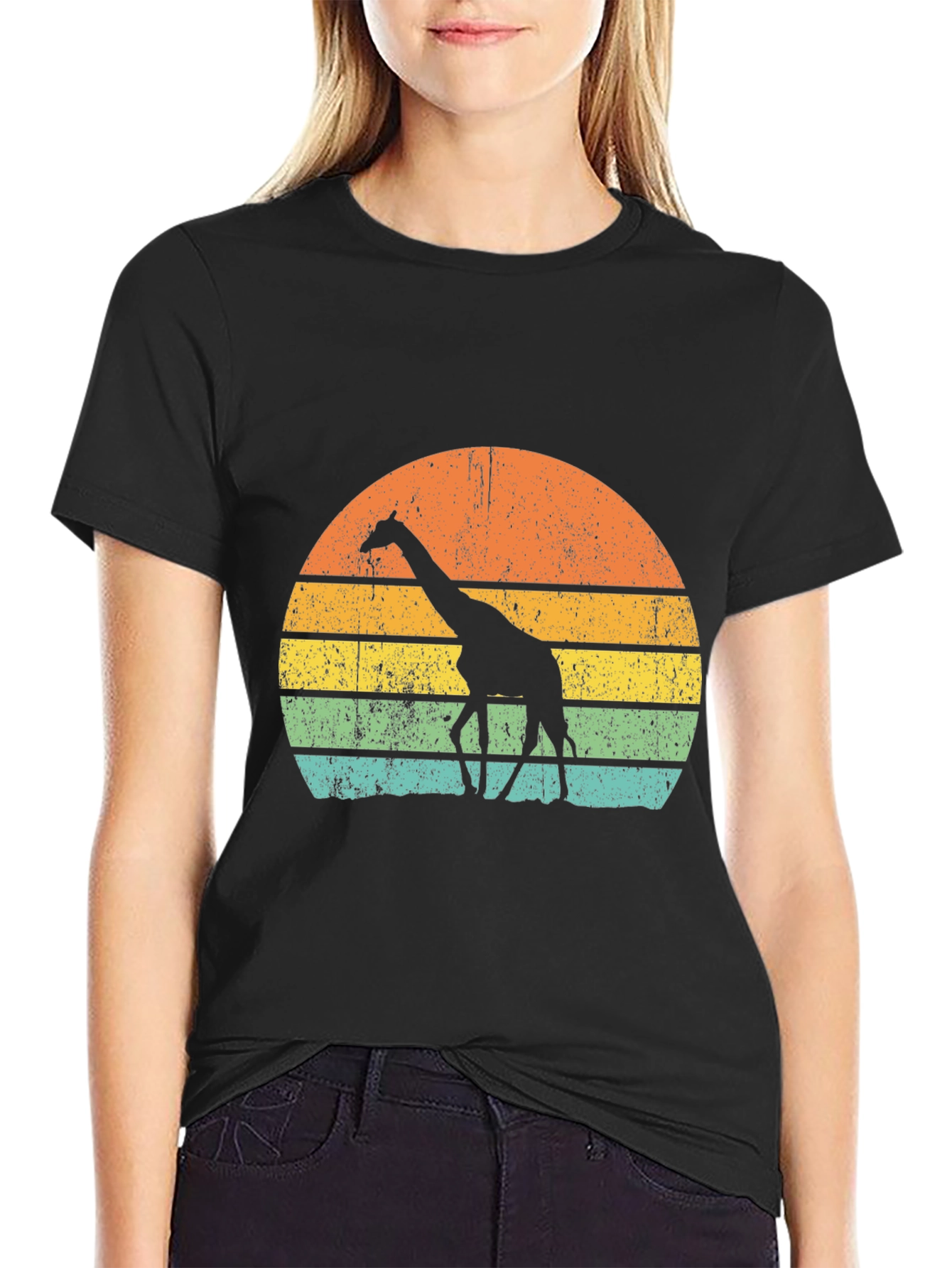 Retro Giraffe Sunset Graphic Tee - Black