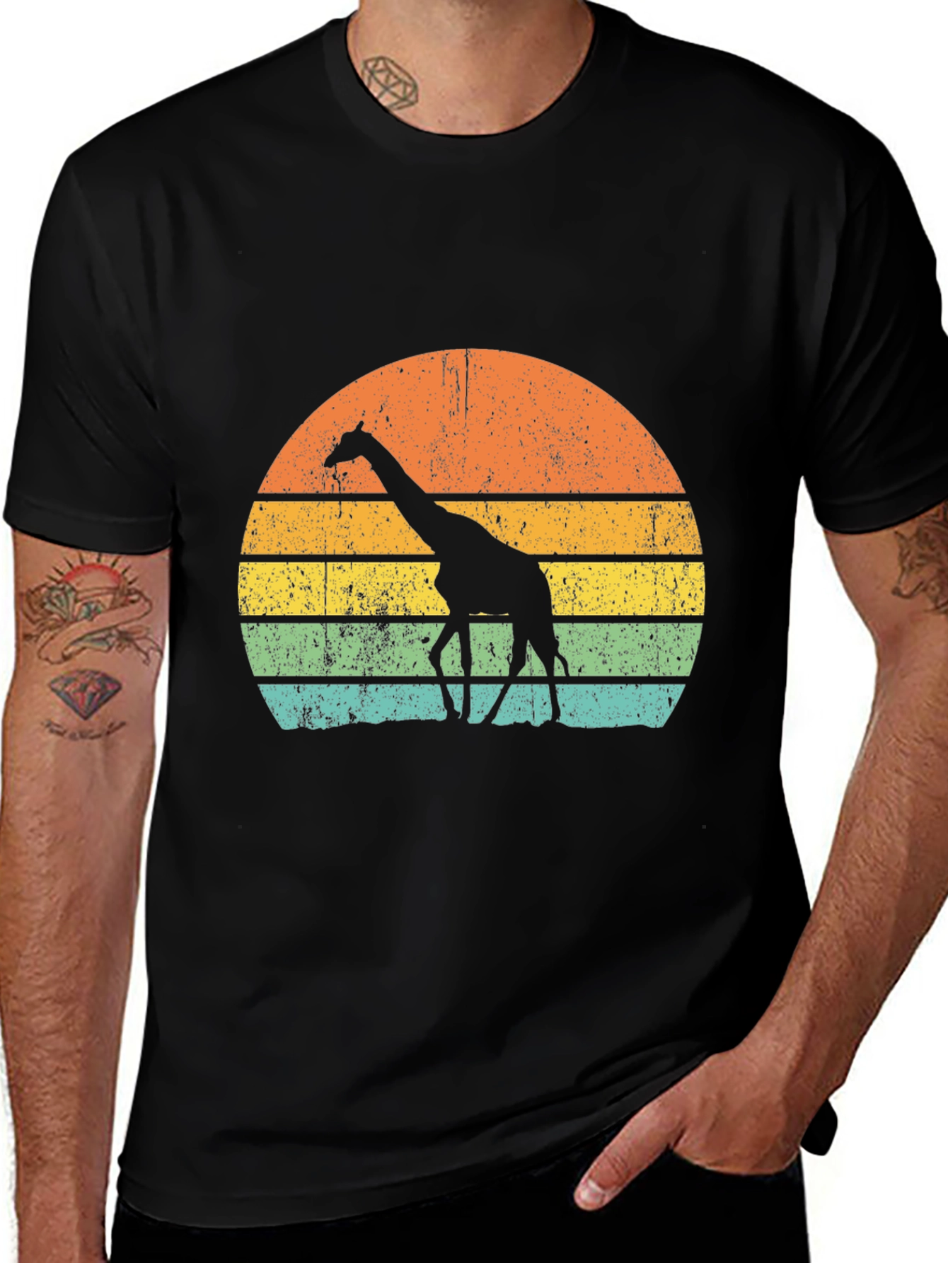 Retro Giraffe Sunset Graphic Tee - Black