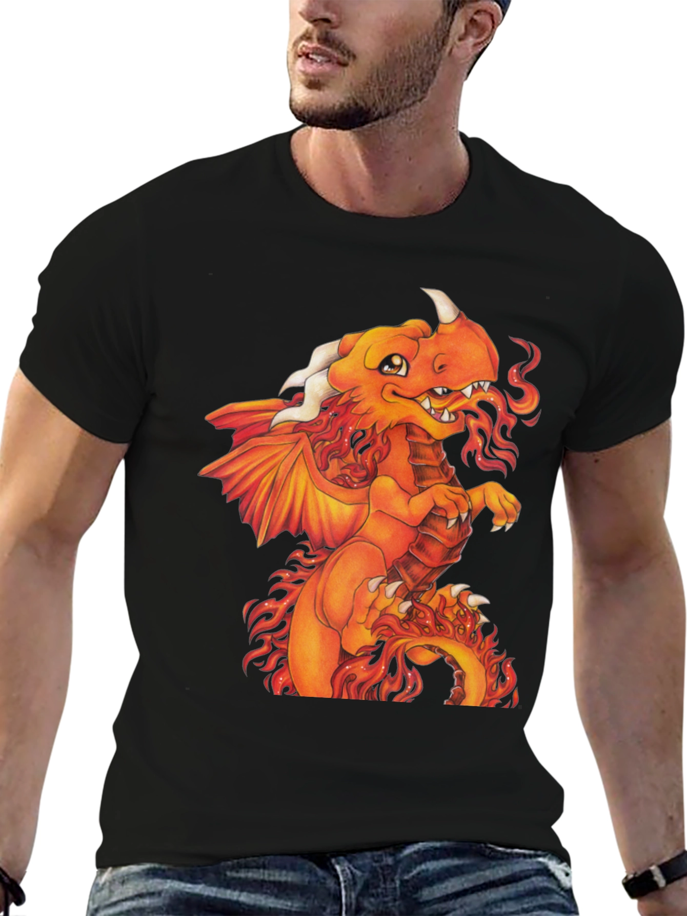 Fiery Dragon Graphic Tee - Black Cotton Shirt