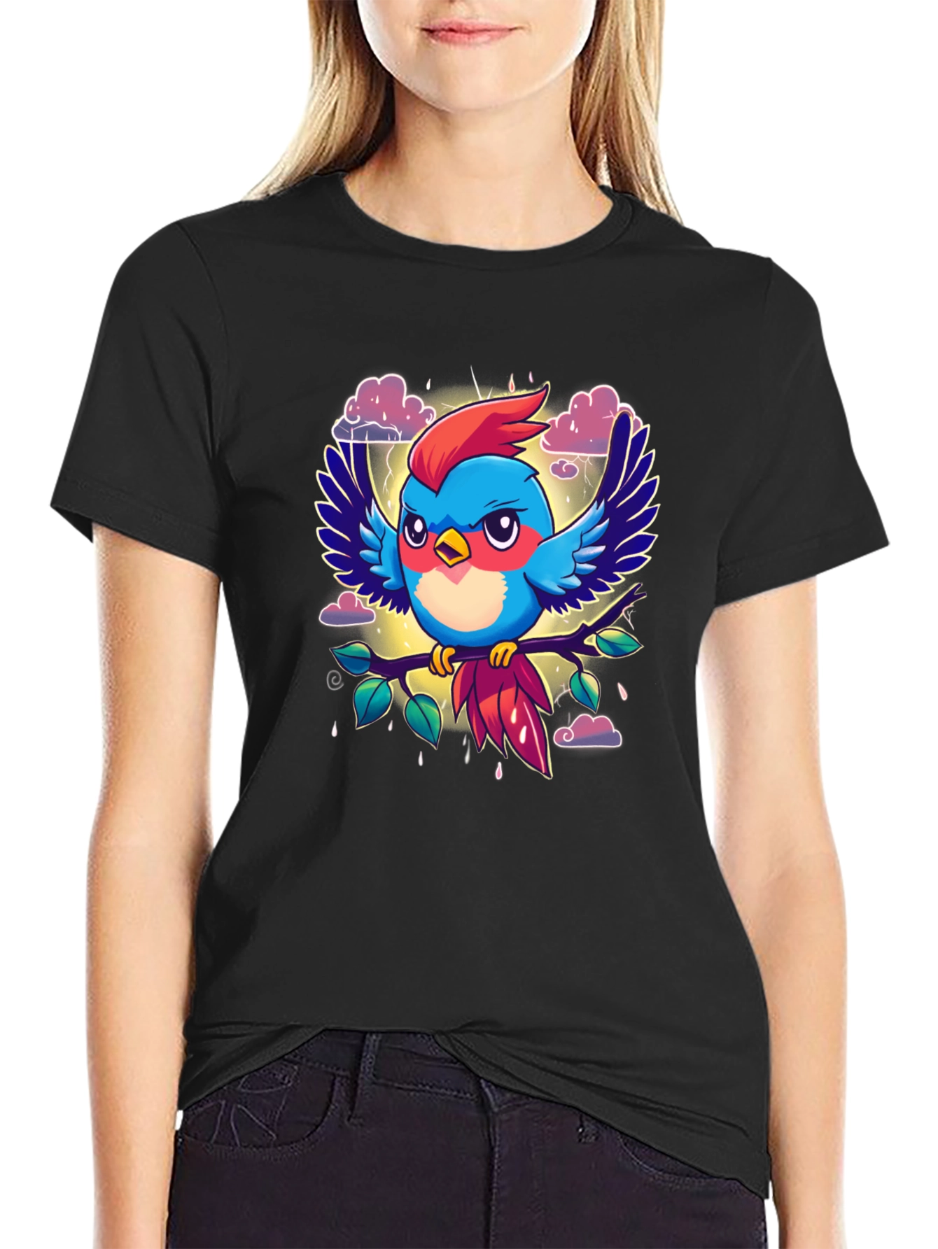 Cartoon Bird Print Black T-Shirt