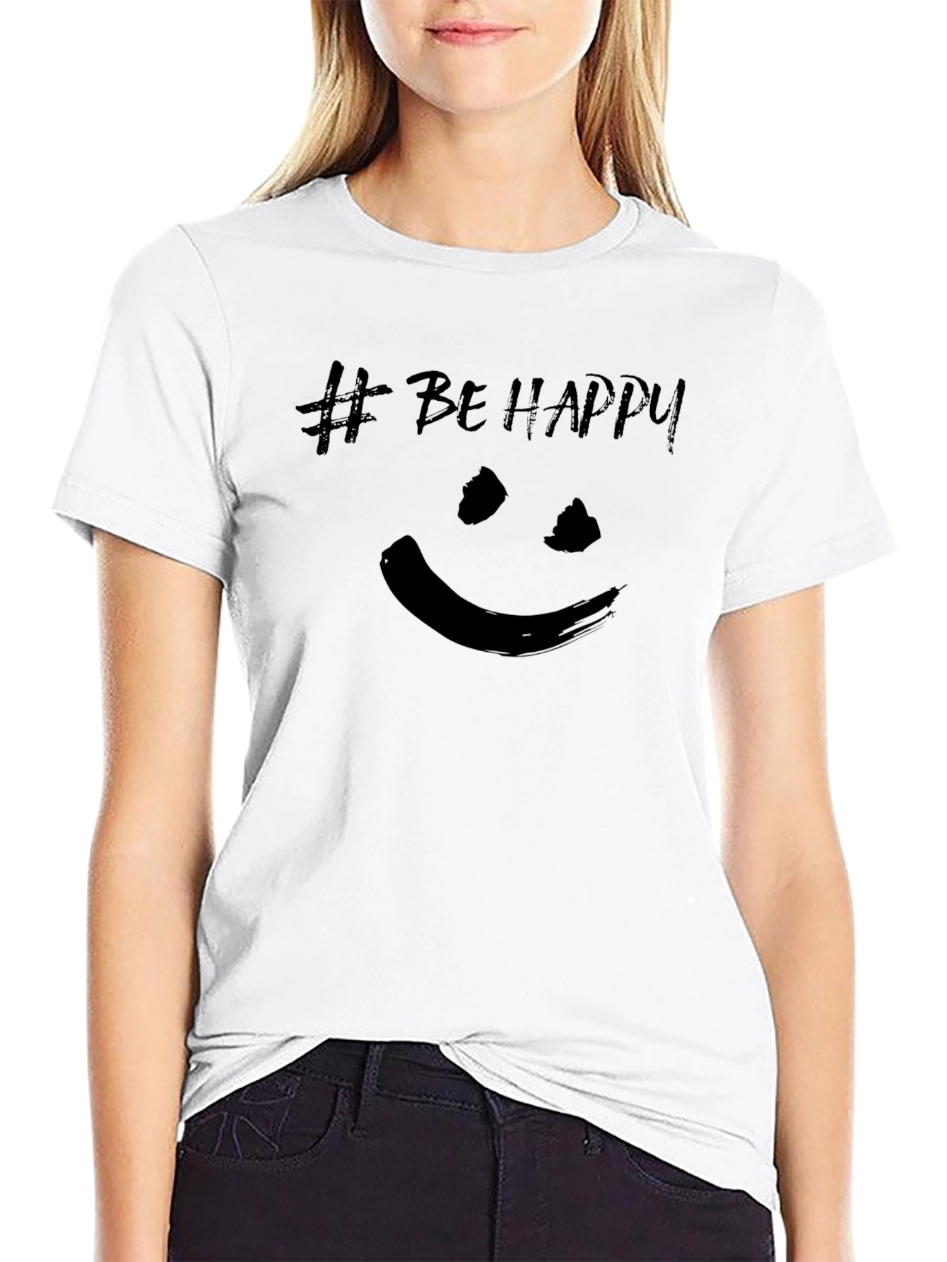 Be Happy T-Shirt - Black Crew Neck Tee