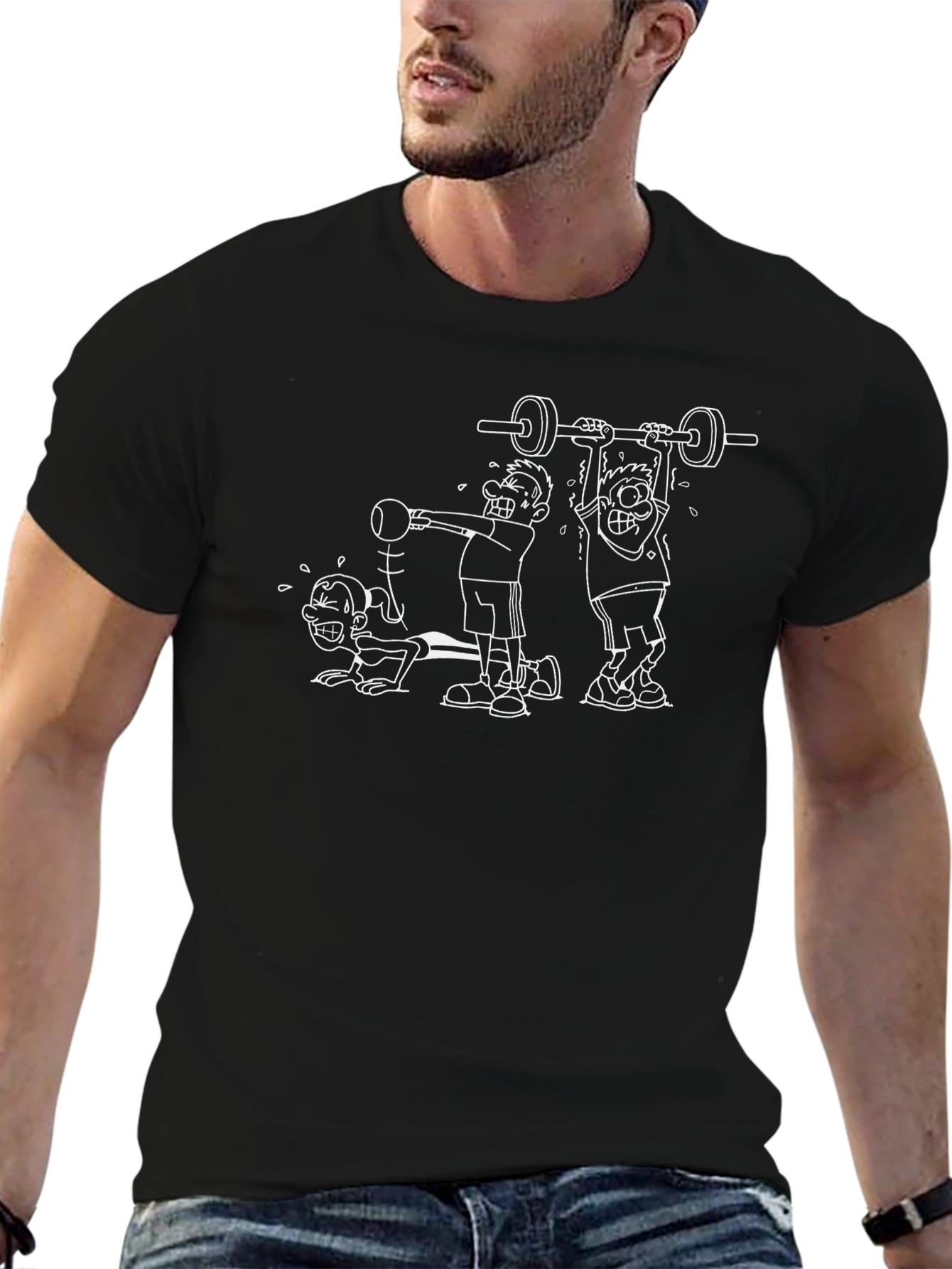 Funny Gym Workout Cartoon Black T-Shirt