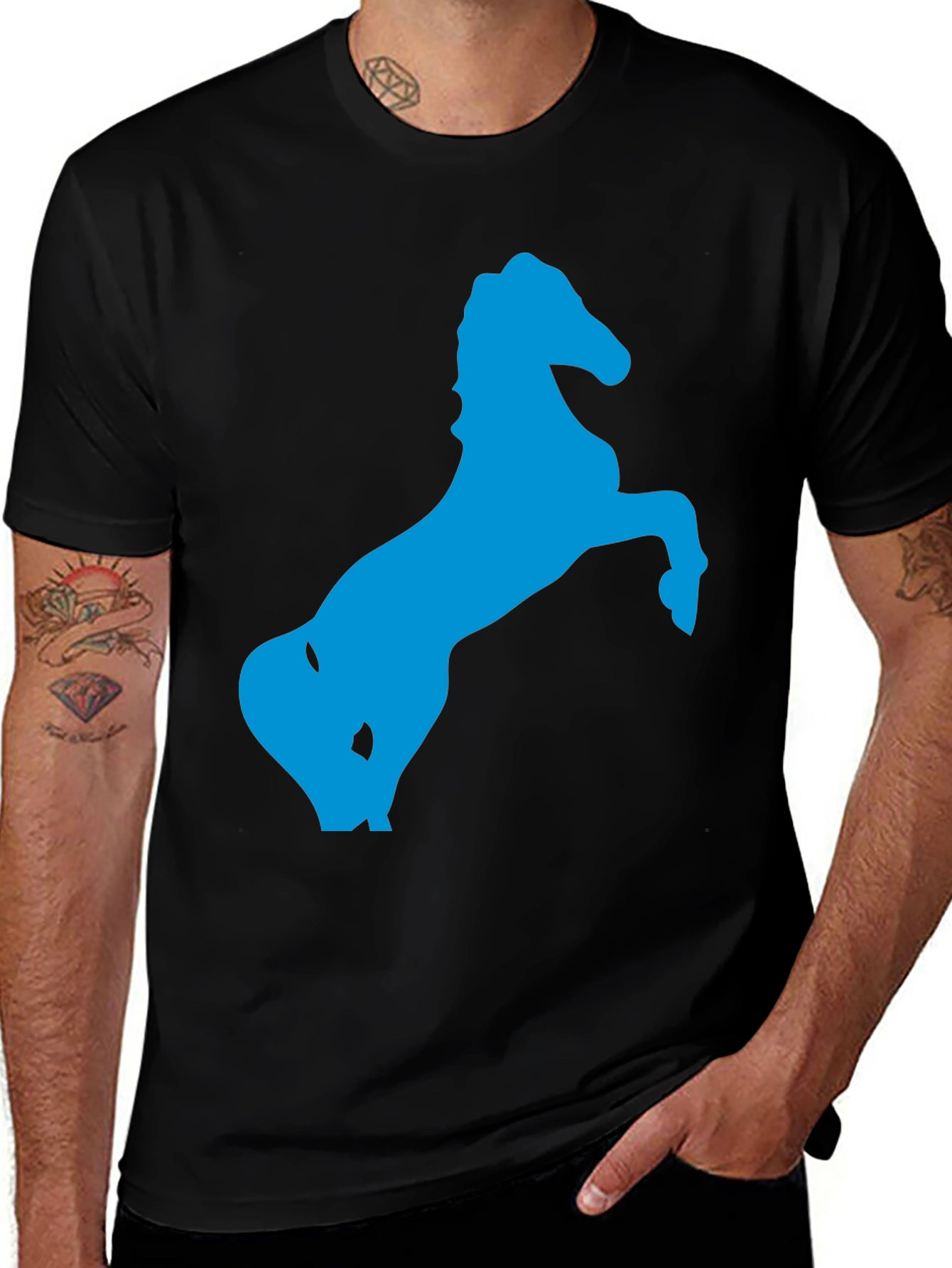 Black T-Shirt with Blue Horse Silhouette