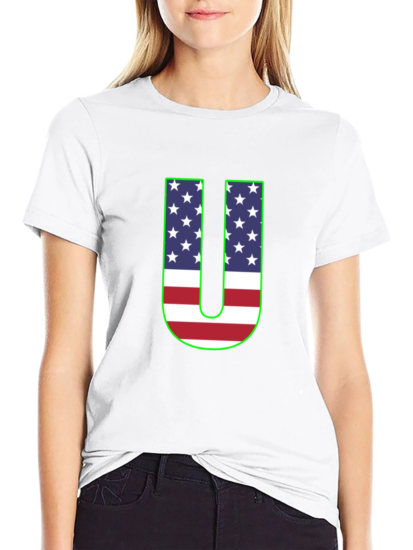 Patriotic U Graphic Tee - USA Flag Letter Print