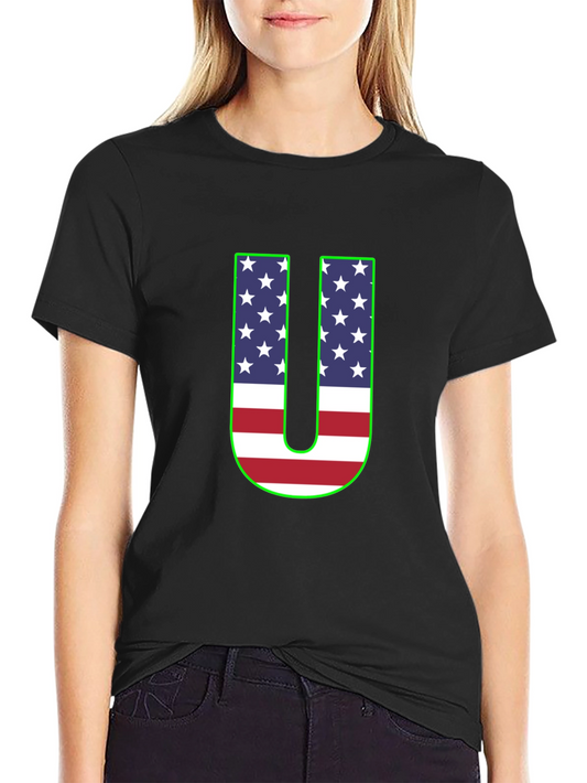 Patriotic U Graphic Tee - USA Flag Letter Print