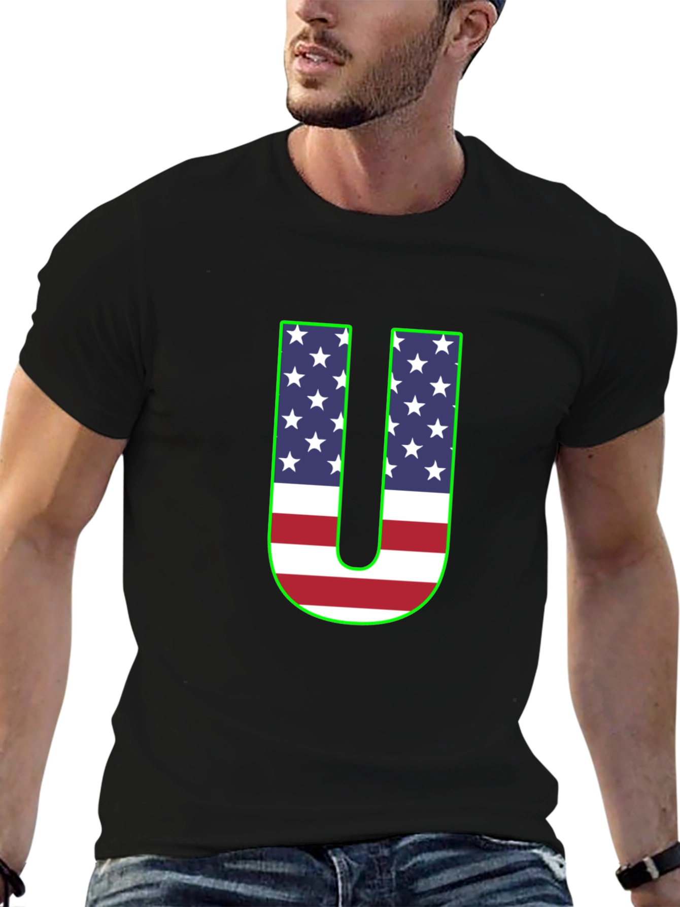 Patriotic U Graphic Tee - USA Flag Letter Print
