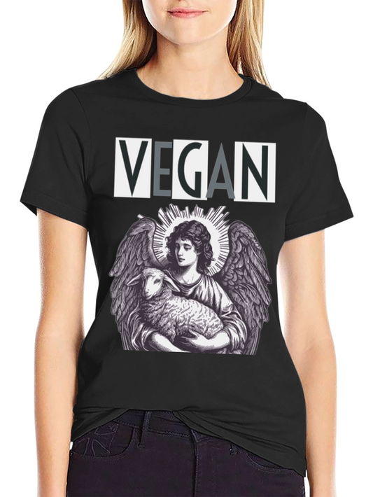 Vegan Angel & Lamb Graphic Tee - Black Cotton T-Shirt