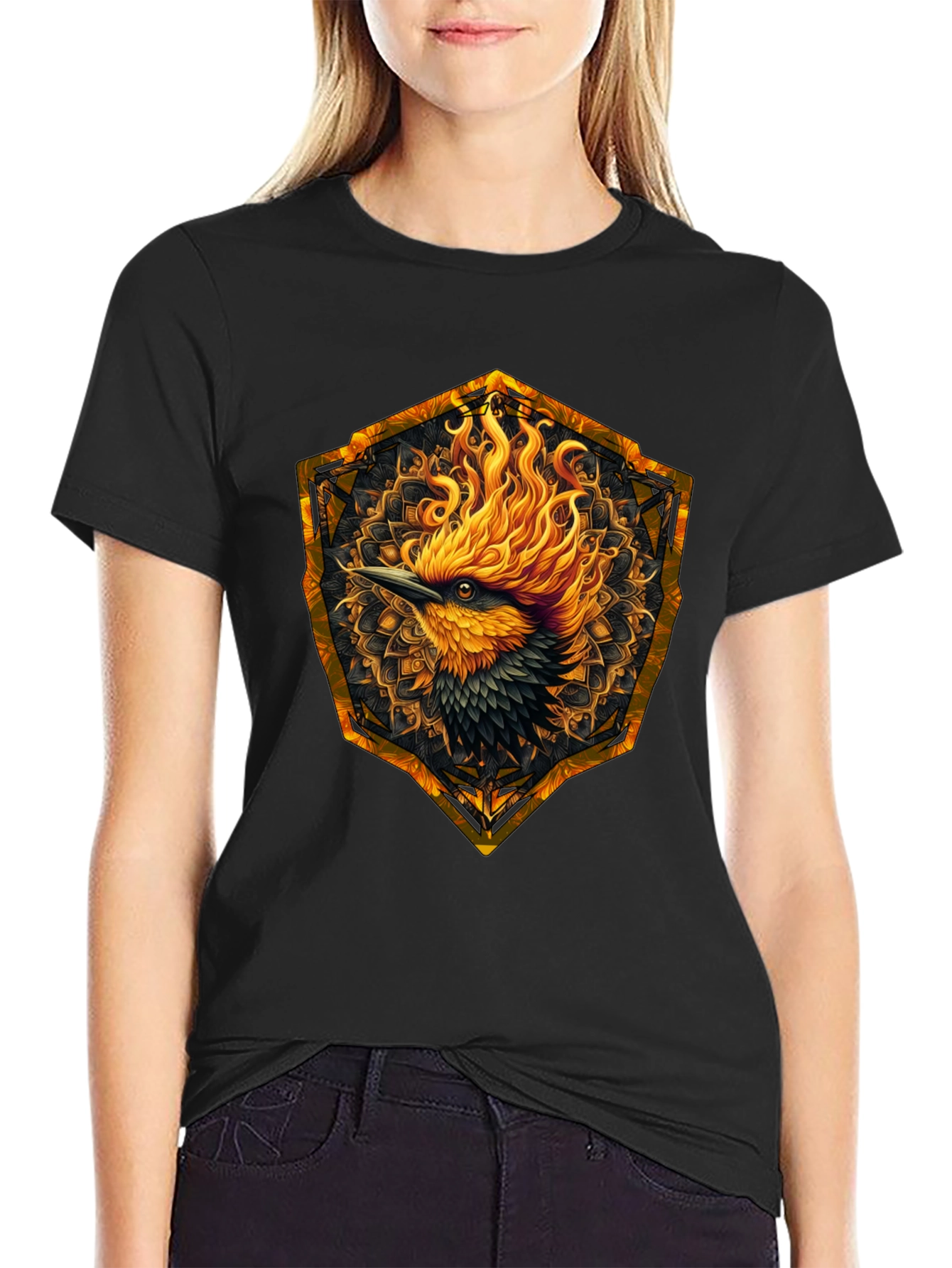 Fiery Phoenix Graphic Tee - Black Cotton Blend