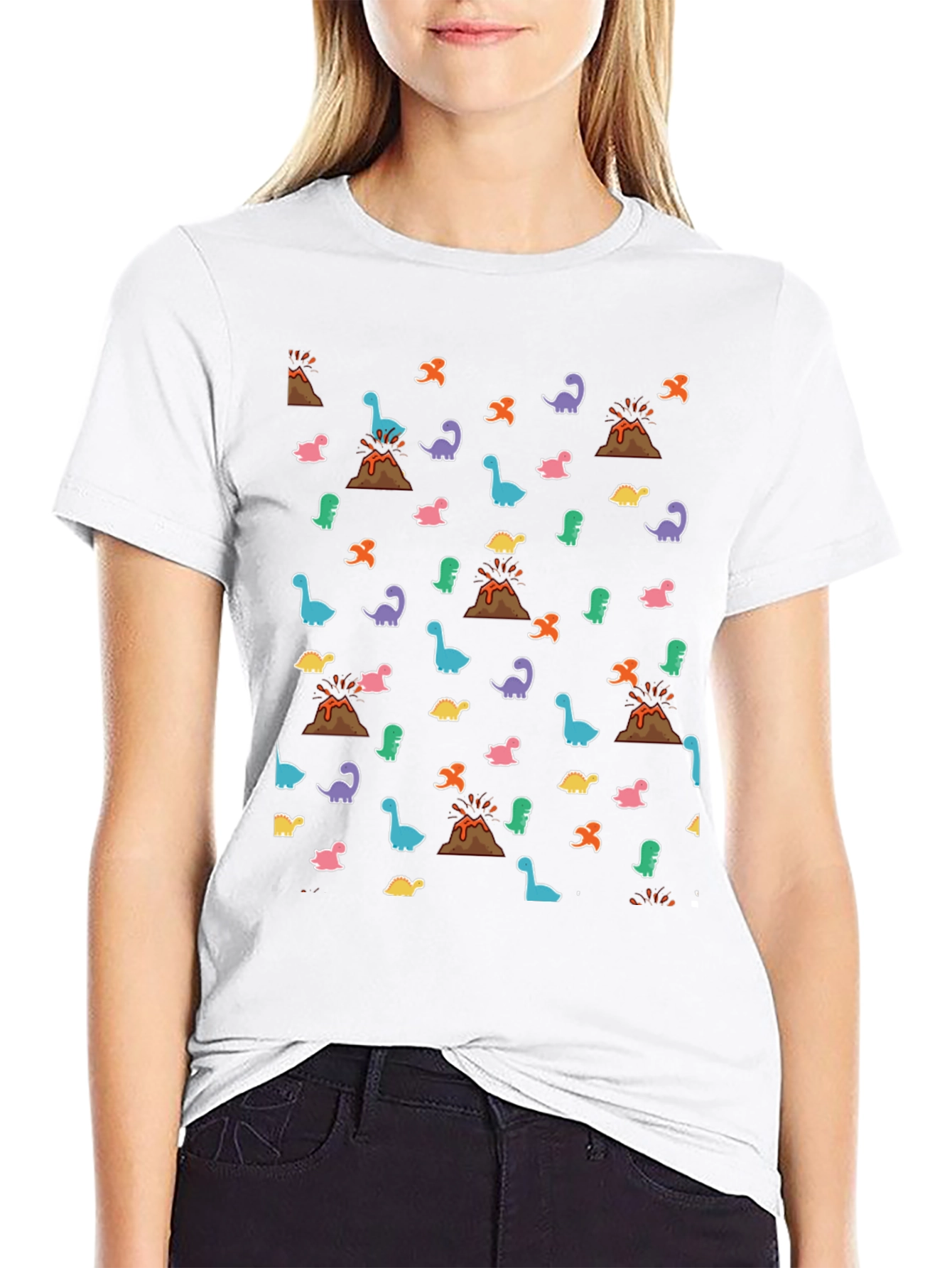 Dinosaur Volcano Print Black T-Shirt