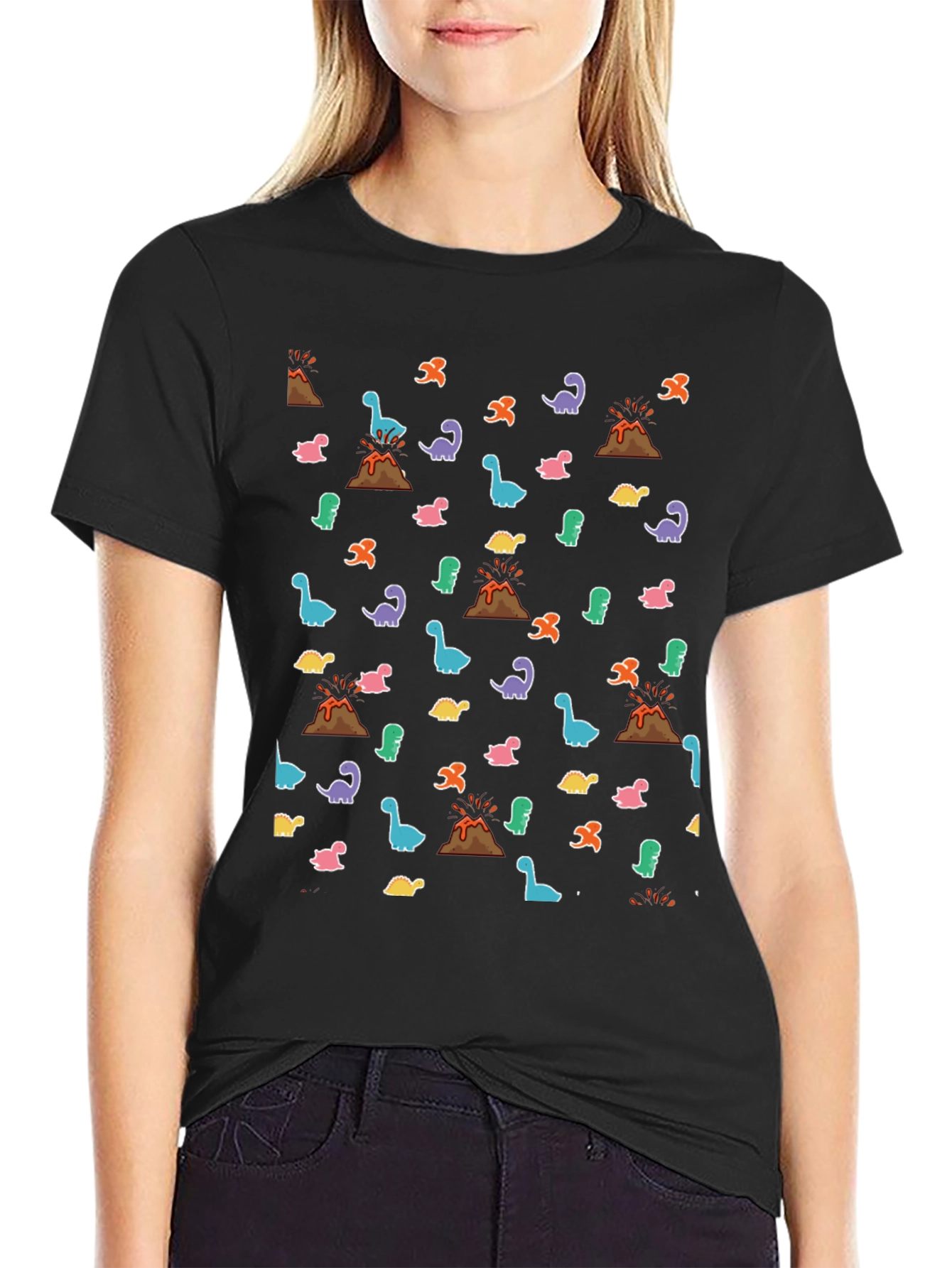 Dinosaur Volcano Print Black T-Shirt