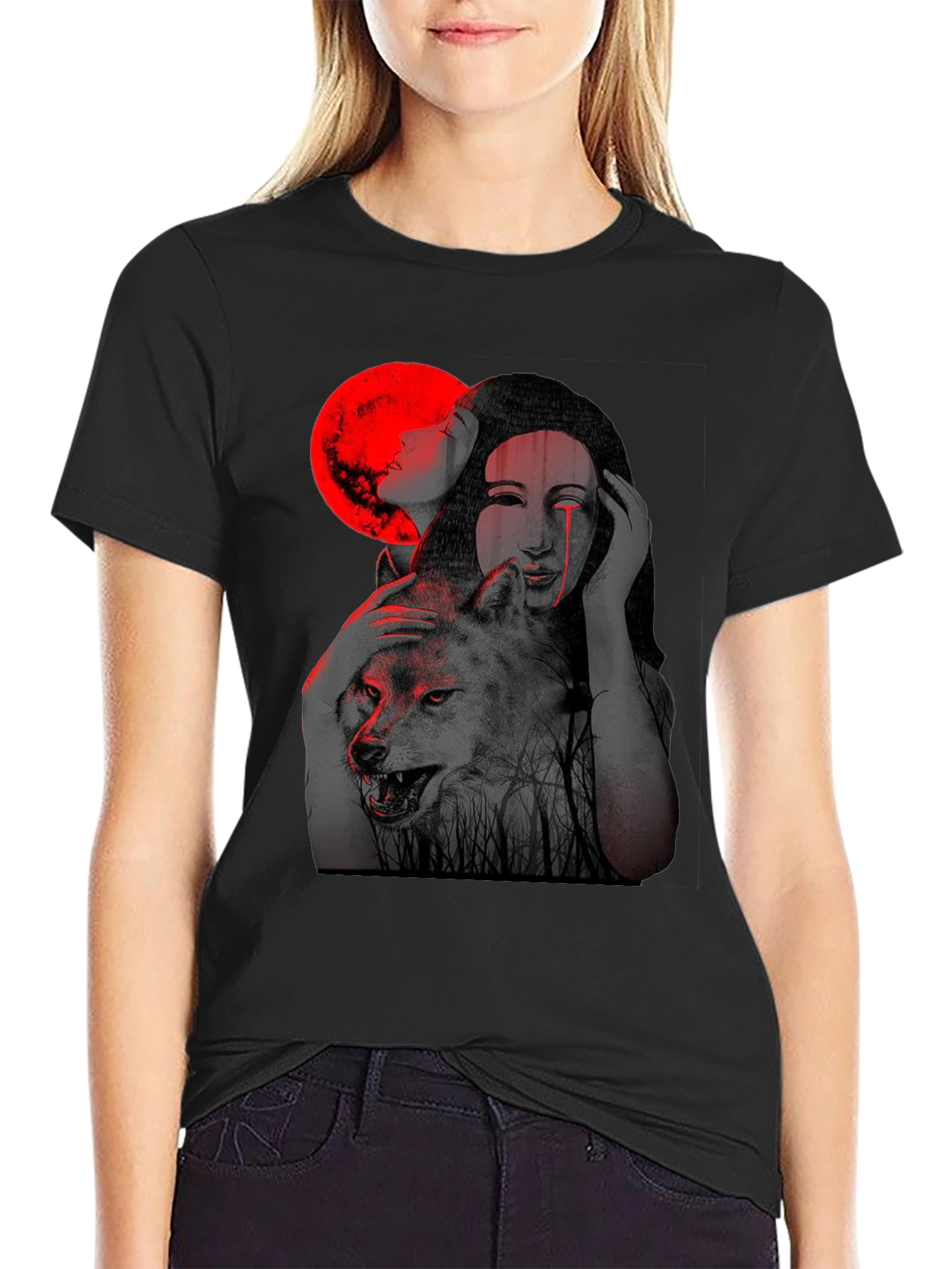 Mystic Wolf & Woman Graphic T-Shirt