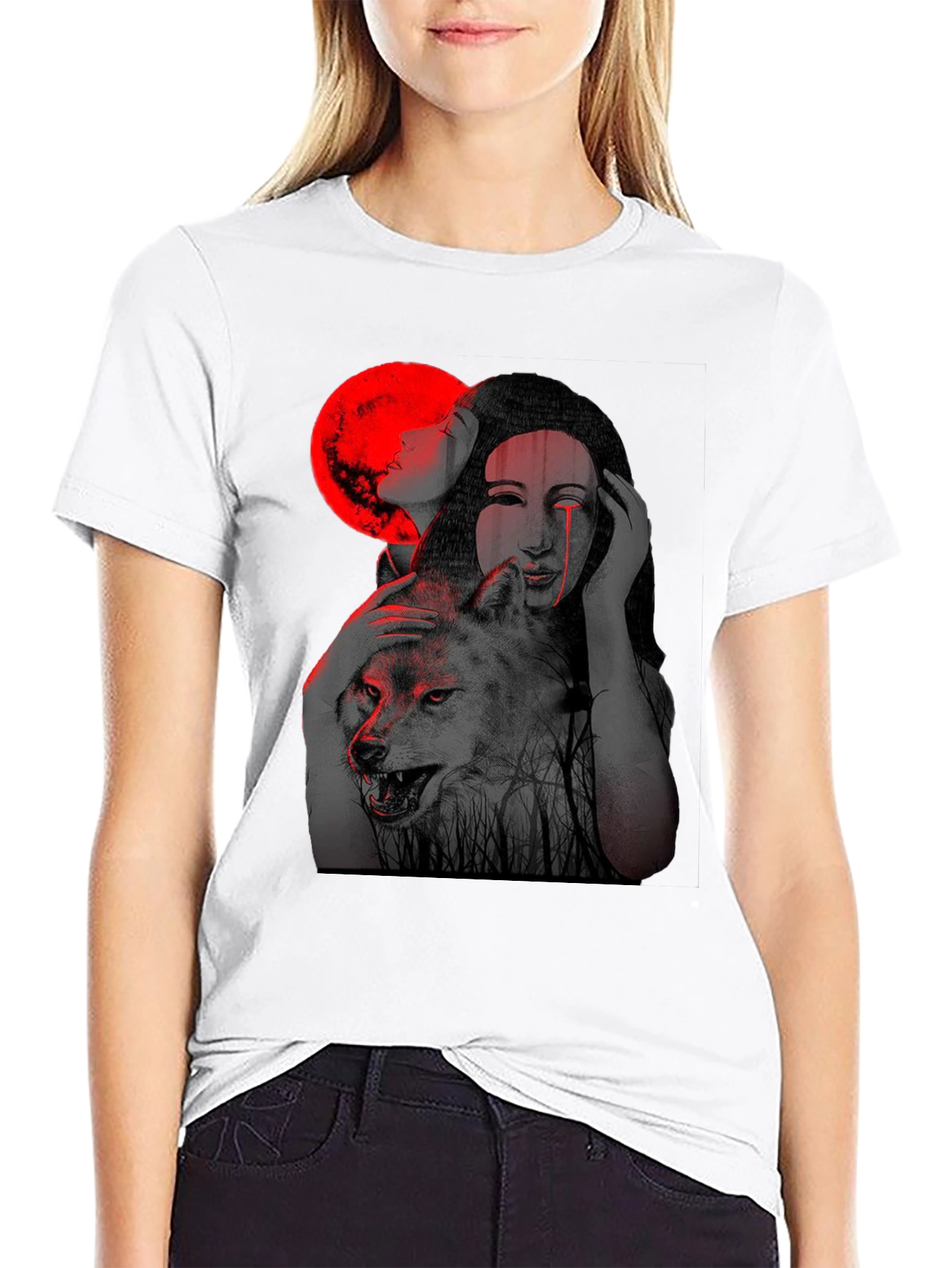 Mystic Wolf & Woman Graphic T-Shirt