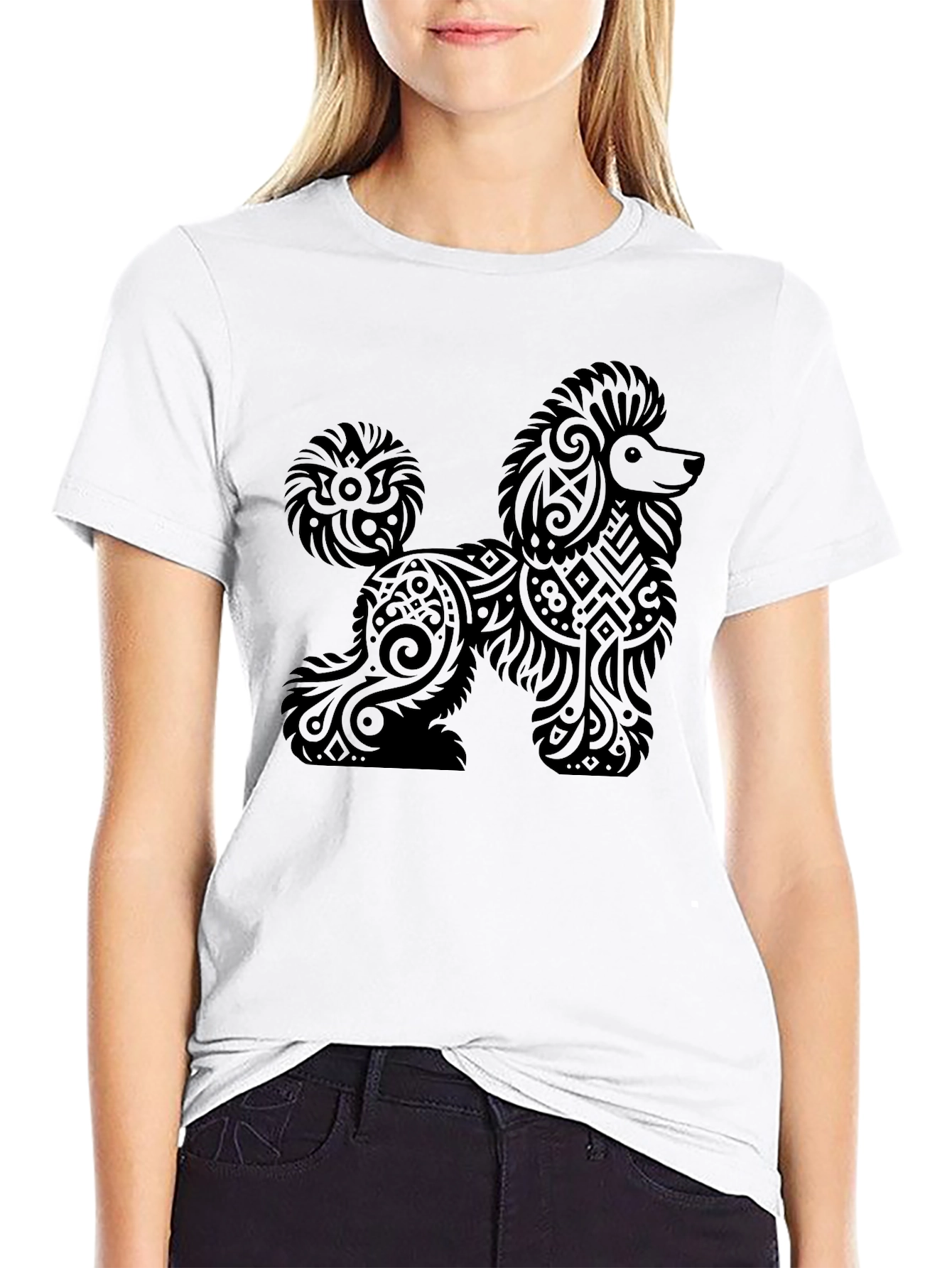 Tribal Poodle Graphic Print Black T-Shirt