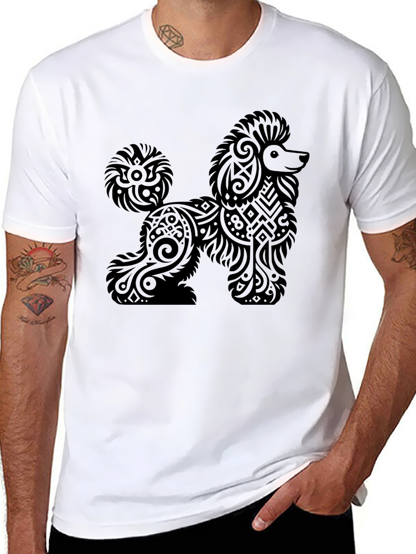 Tribal Poodle Graphic Print Black T-Shirt
