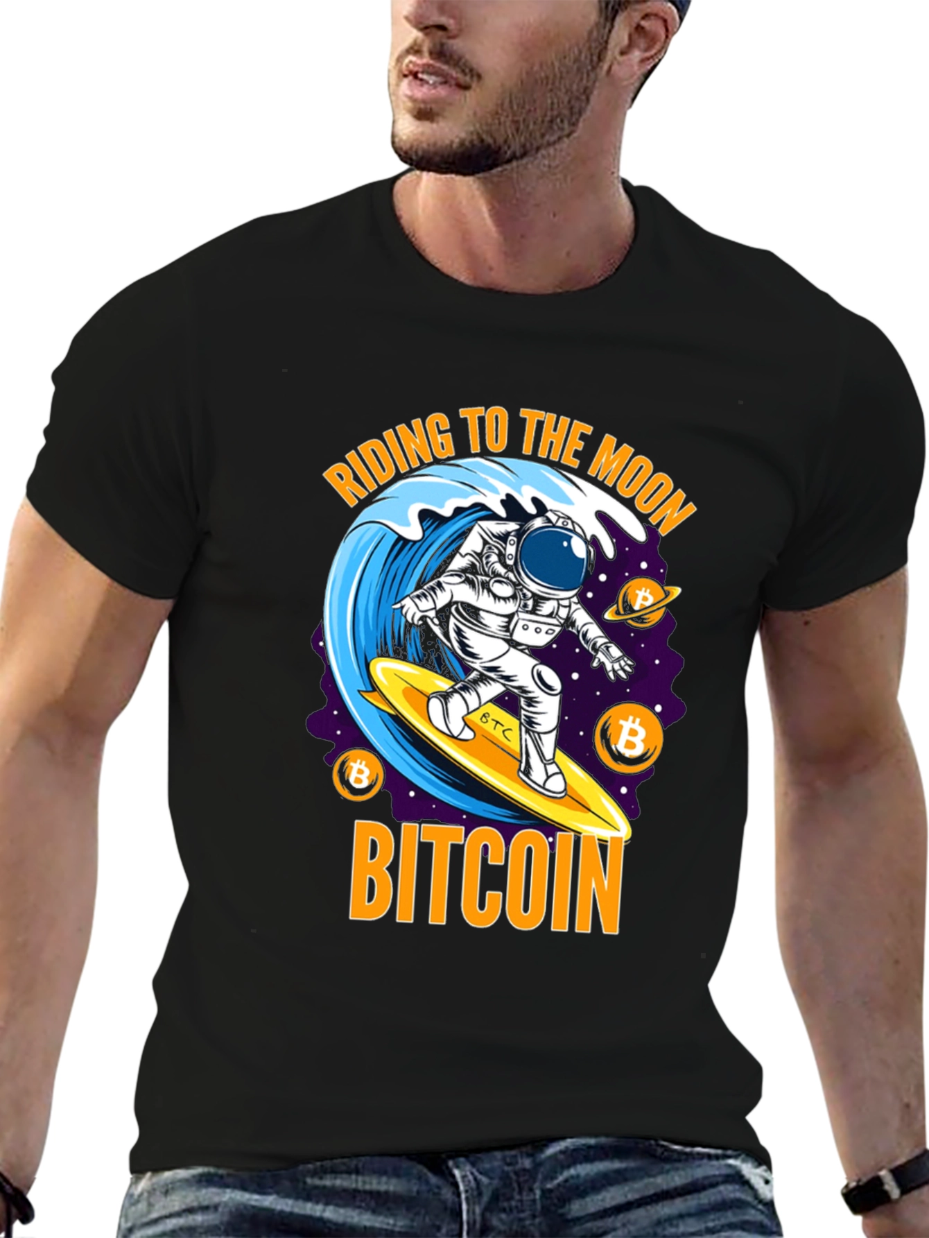 Bitcoin Astronaut Surfing T-Shirt - Ride to the Moon!