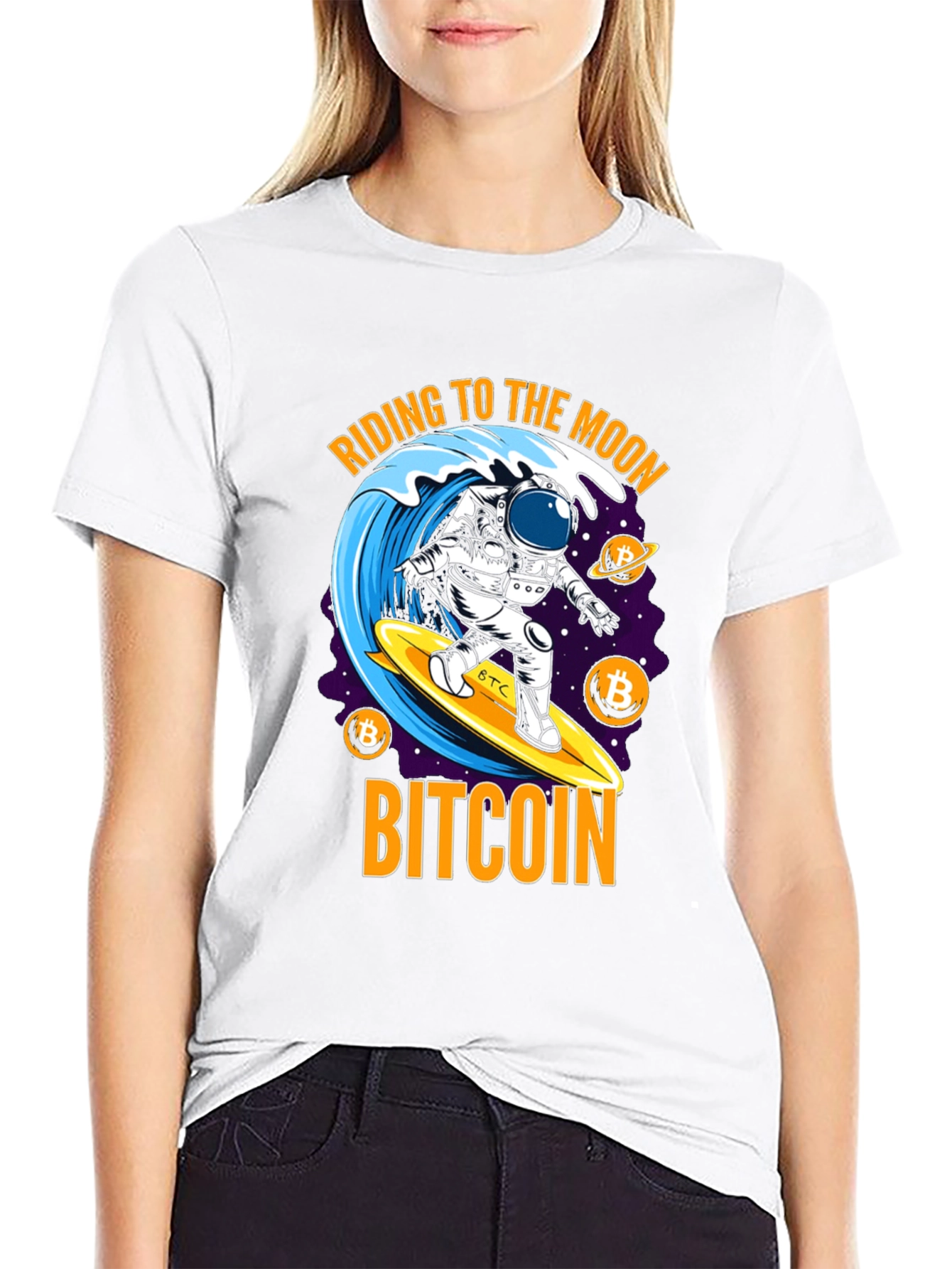Bitcoin Astronaut Surfing T-Shirt - Ride to the Moon!