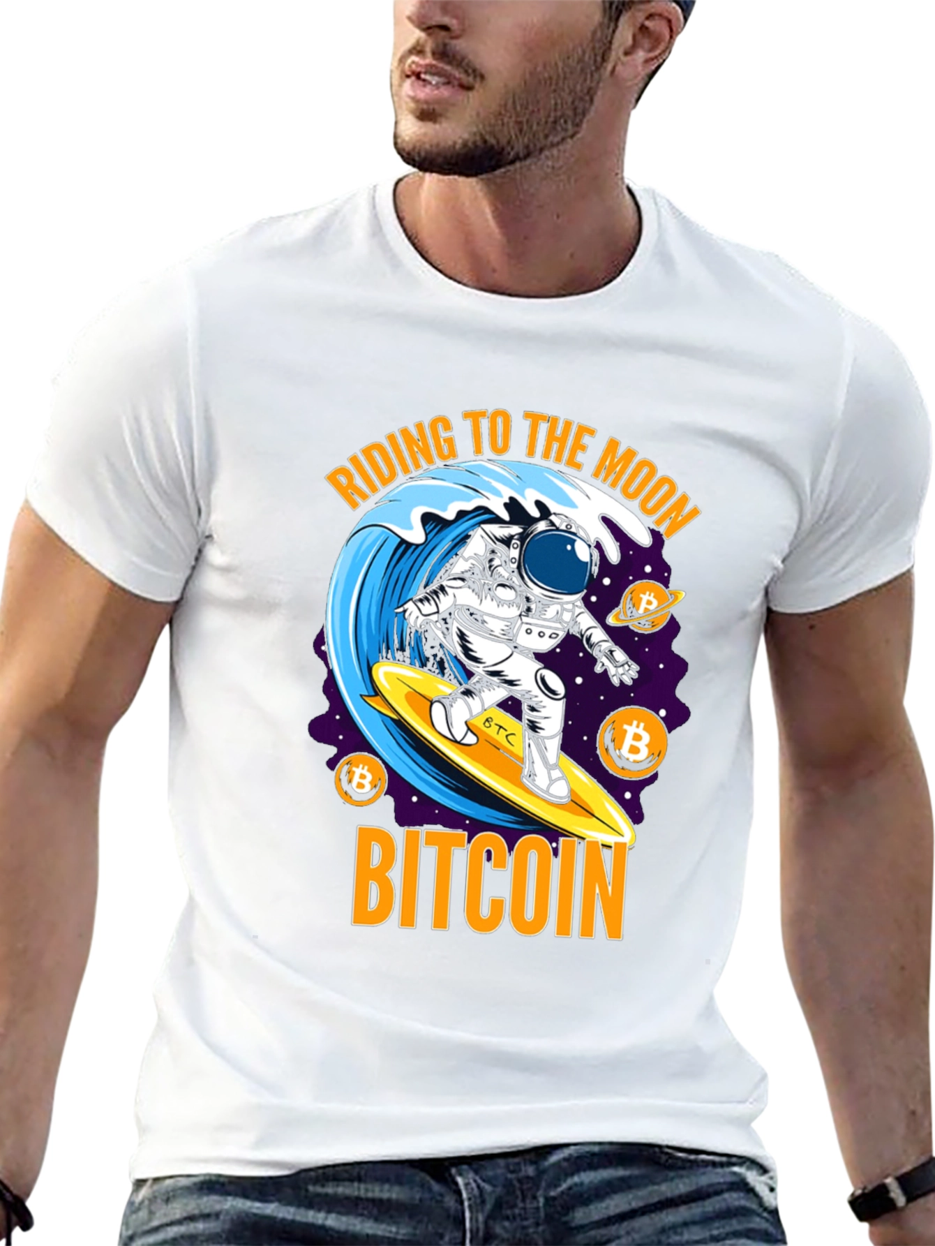 Bitcoin Astronaut Surfing T-Shirt - Ride to the Moon!