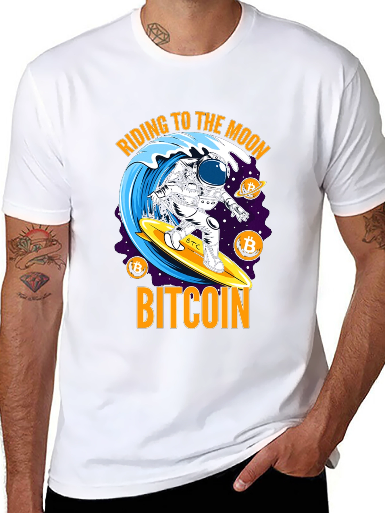 Bitcoin Astronaut Surfing T-Shirt - Ride to the Moon!