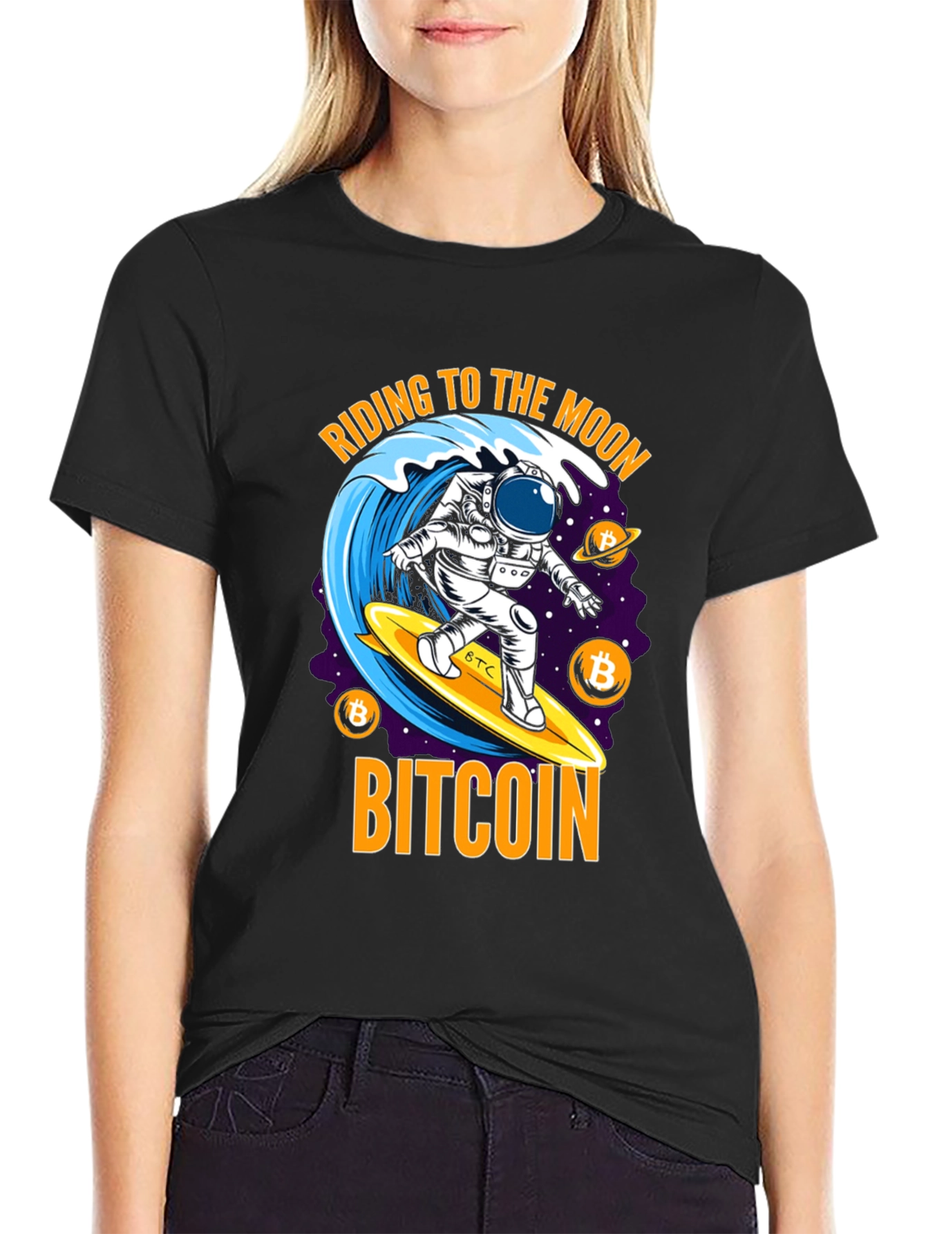 Bitcoin Astronaut Surfing T-Shirt - Ride to the Moon!