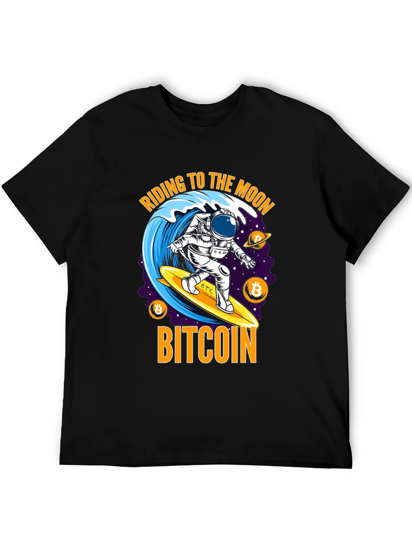 Bitcoin Astronaut Surfing T-Shirt - Ride to the Moon!