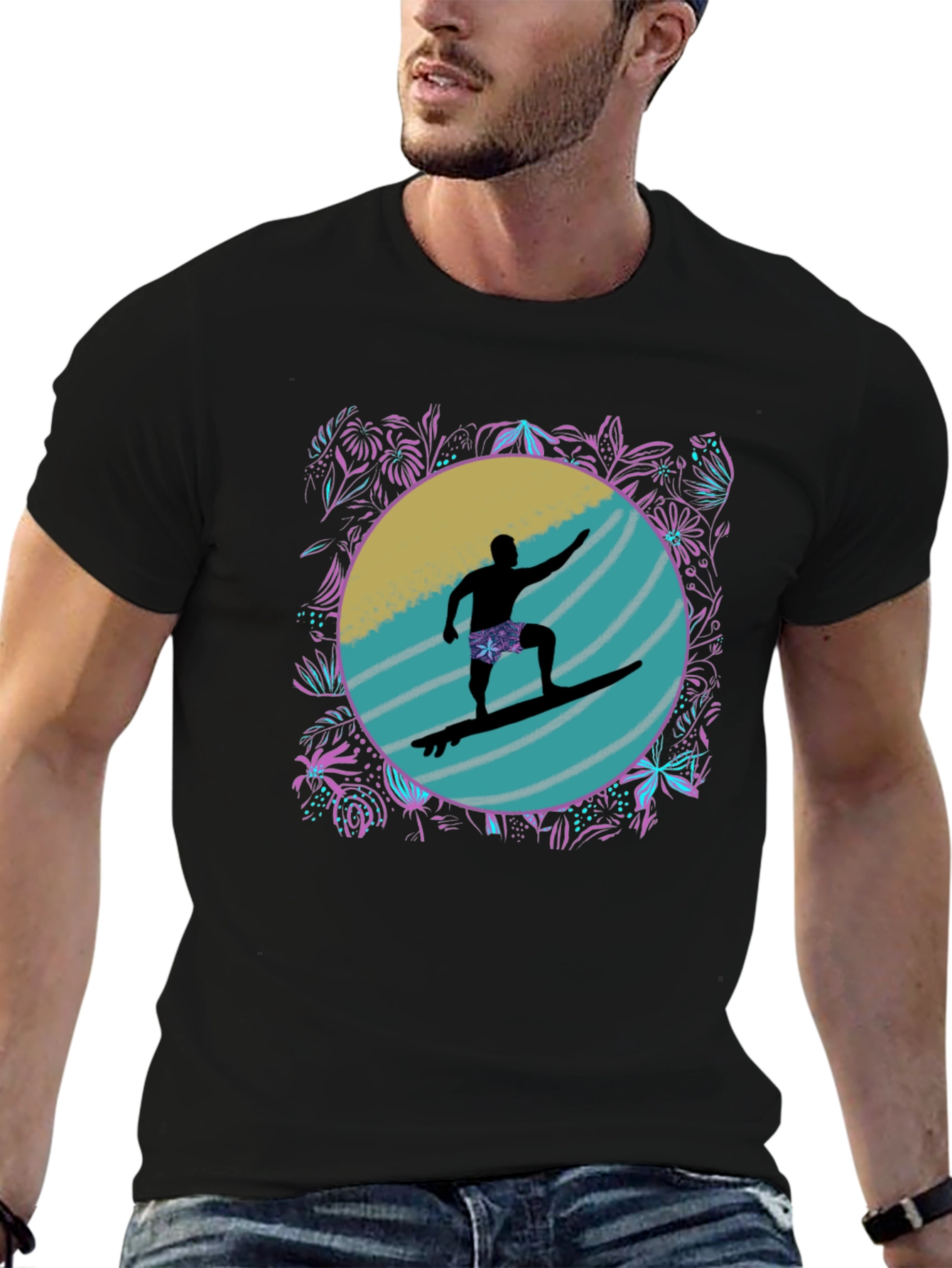 Surfer Silhouette Graphic Tee - Black