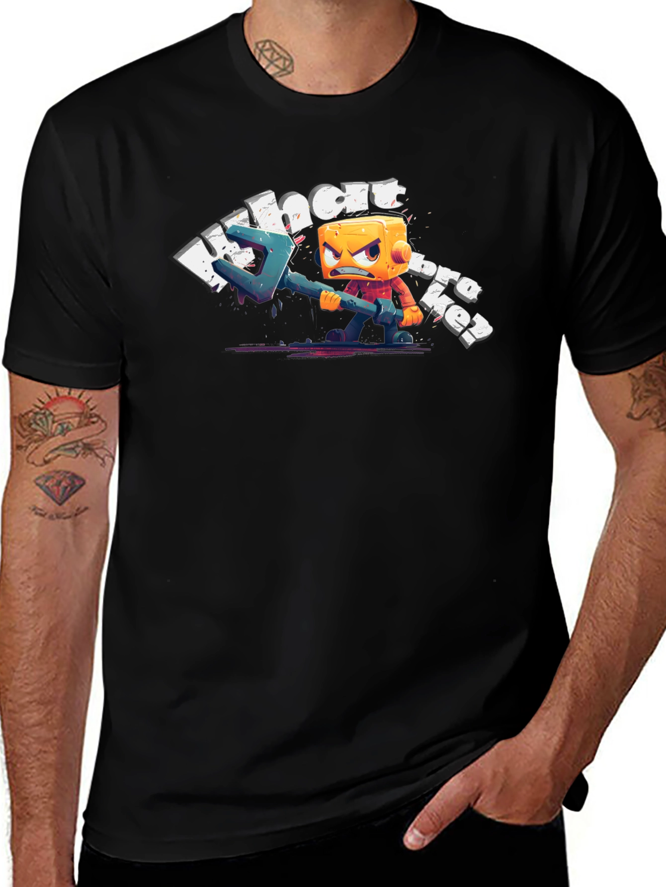 Angry Cube Character on Black Tee