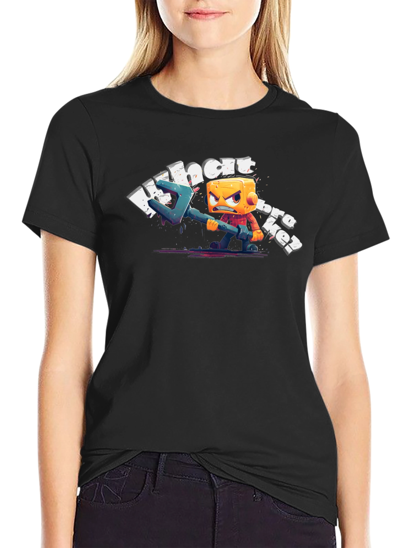 Angry Cube Character on Black Tee