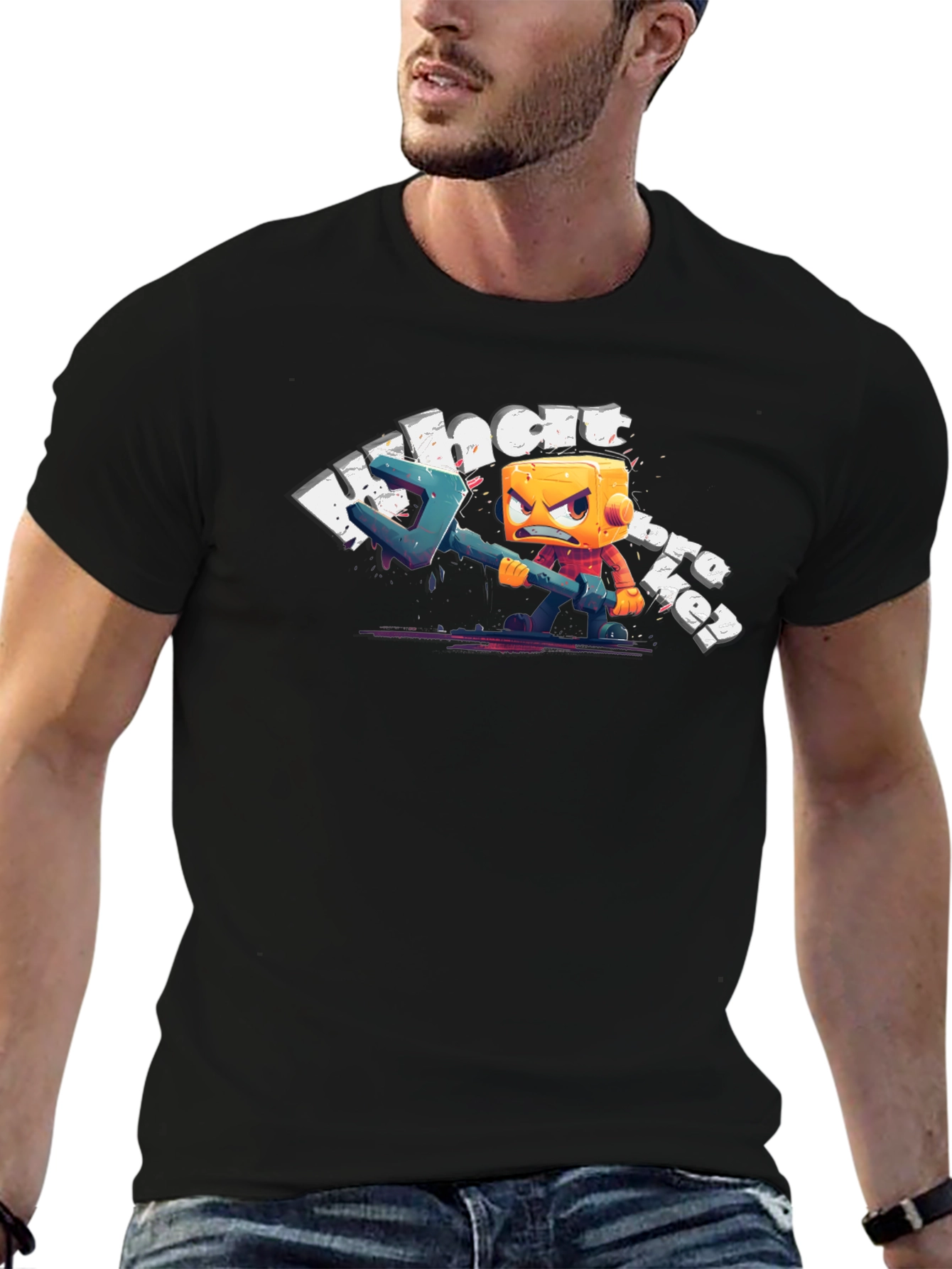 Angry Cube Character on Black Tee