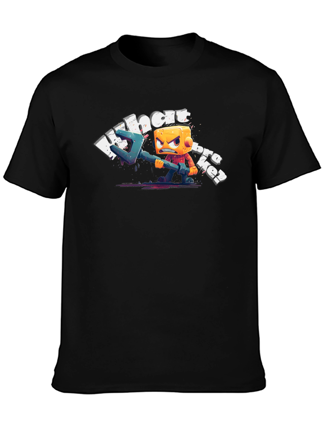 Angry Cube Character on Black Tee