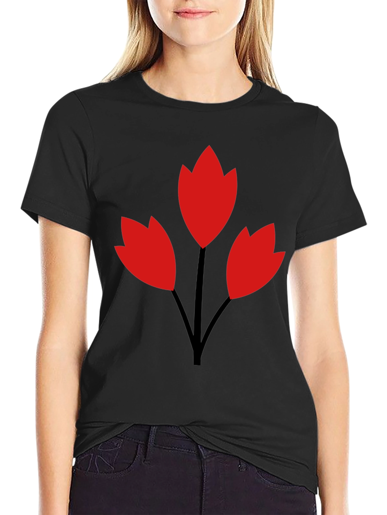 Red Flower Black Tee - Stylish Casual Wear